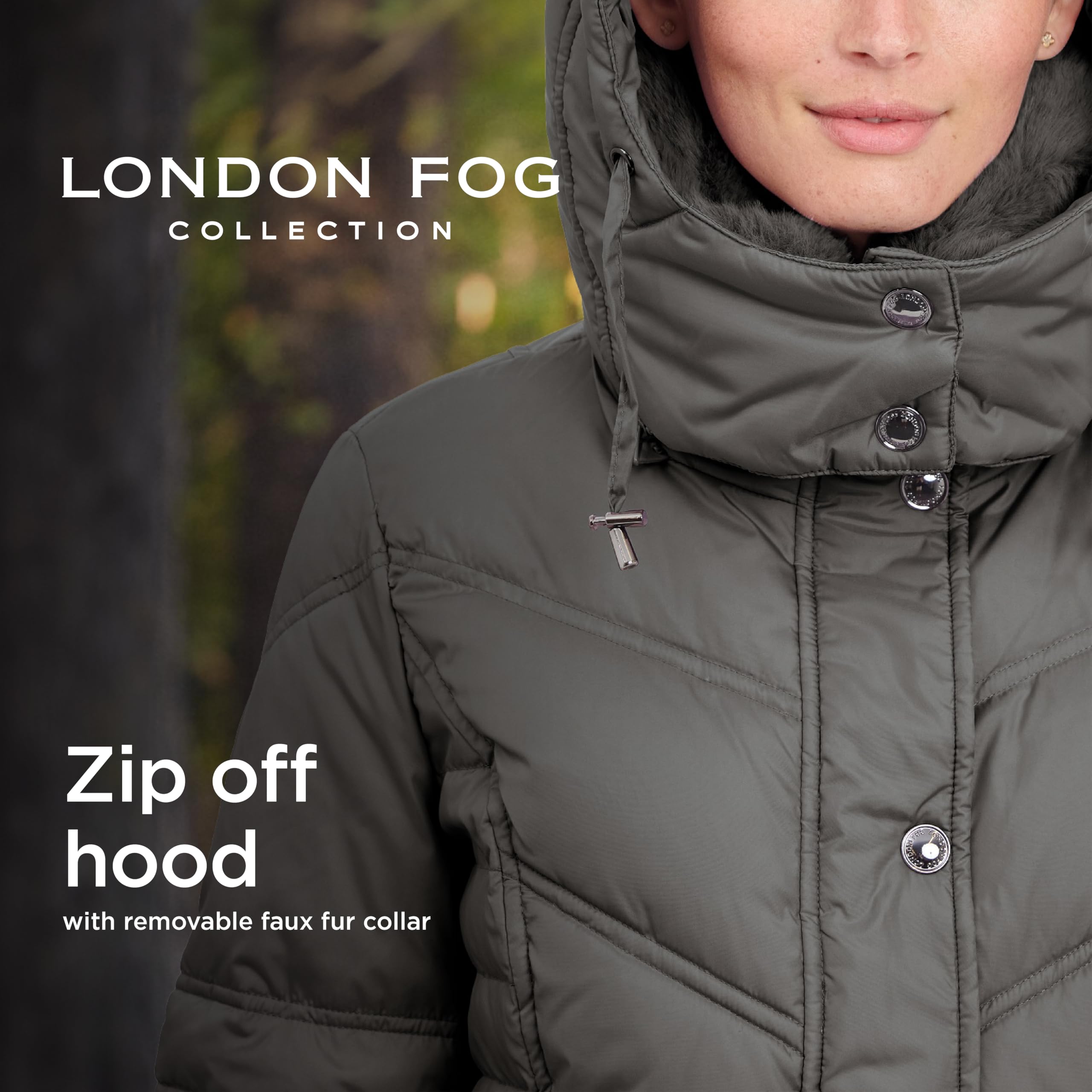 London Fog Women's Chevron Faux Fur Coat - Winter Warm Hooded Style