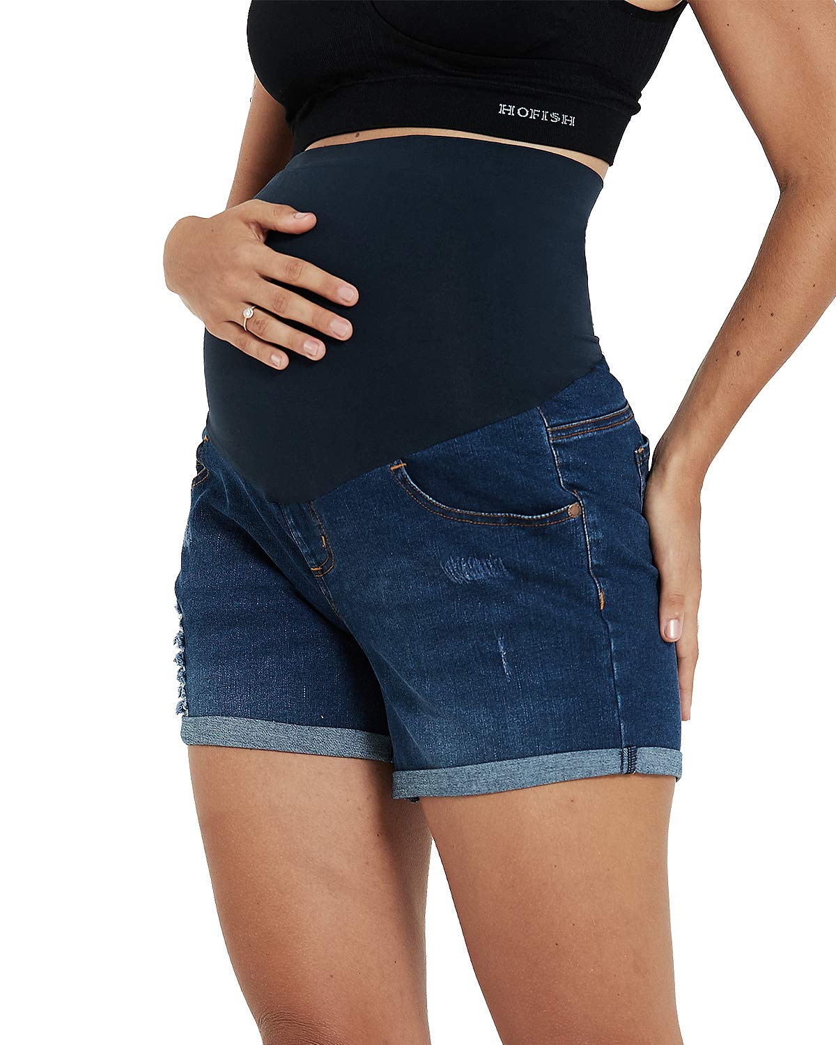 HOFISH Women's Maternity Over The Belly Denim Shorts - Stretchable Breathable Pregnancy Jeans for Summer Comfort | Perfect for Casual Outings, Beach Trips & Maternity Photoshoots