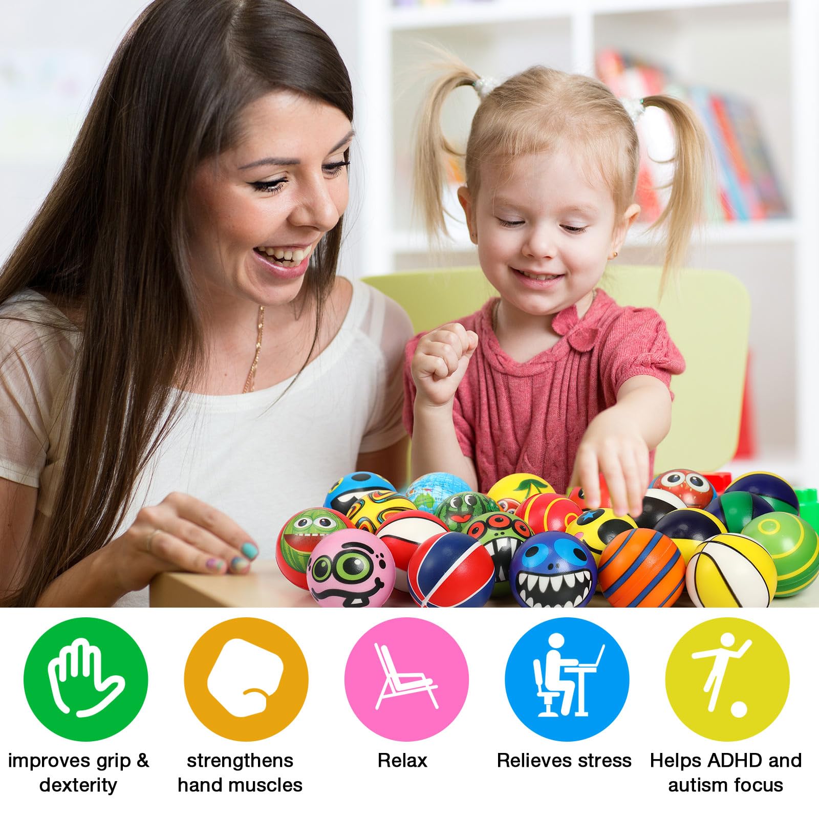 108 Pcs Mini Stress Balls Bulk - 2.4 Inch Sensory Fidget Toys for Stress Relief, Hand Exercise & Party Favors | Soft Assorted Stress Balls for Adults, Teens, Classroom Prizes, Treasure Box & Office Desk Relaxation