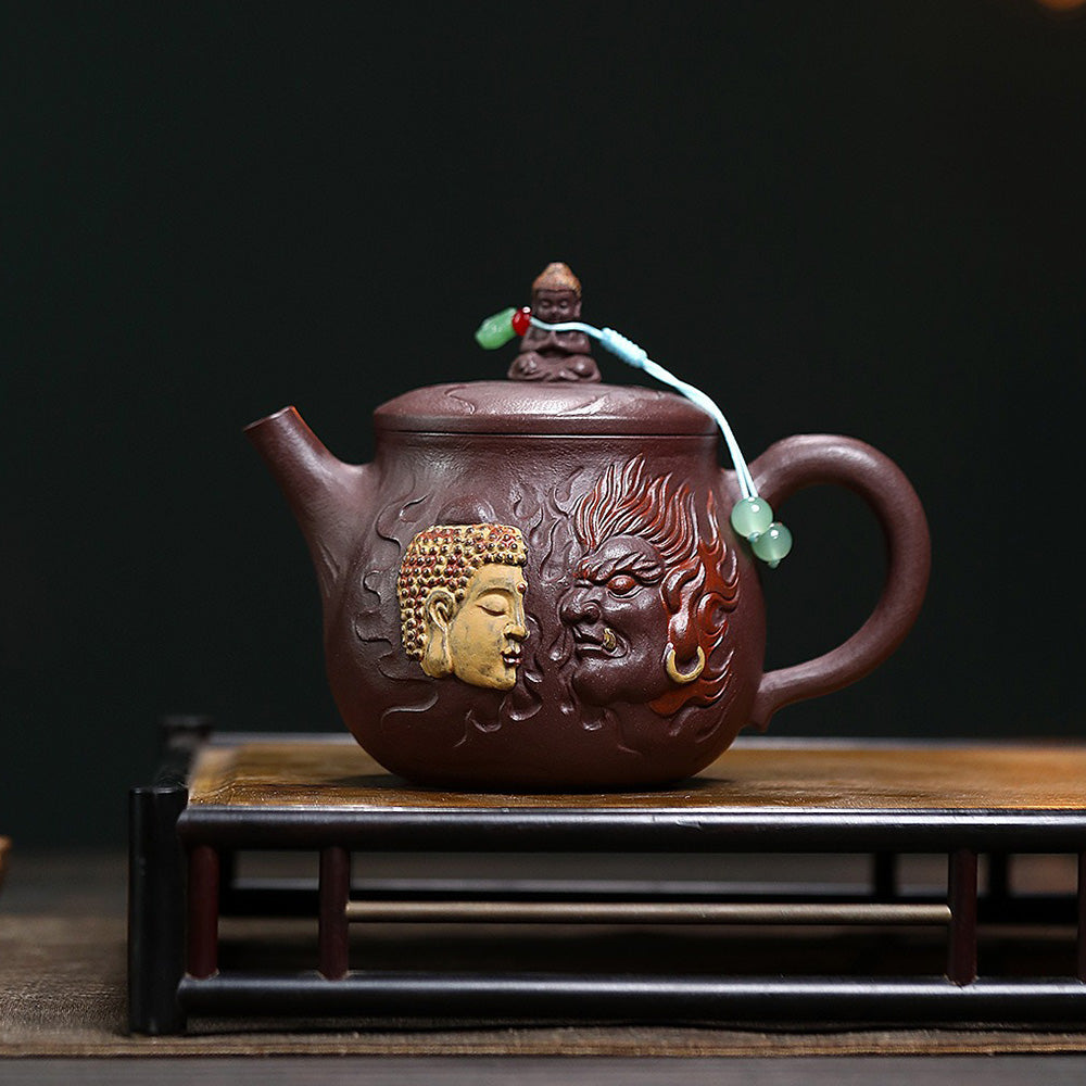 Premium Yixing Purple Clay Teapot - Handcrafted Buddha & Demon Design | Authentic Chinese Tea Ceremony Pot for Gongfu Tea, Meditation & Home Decor