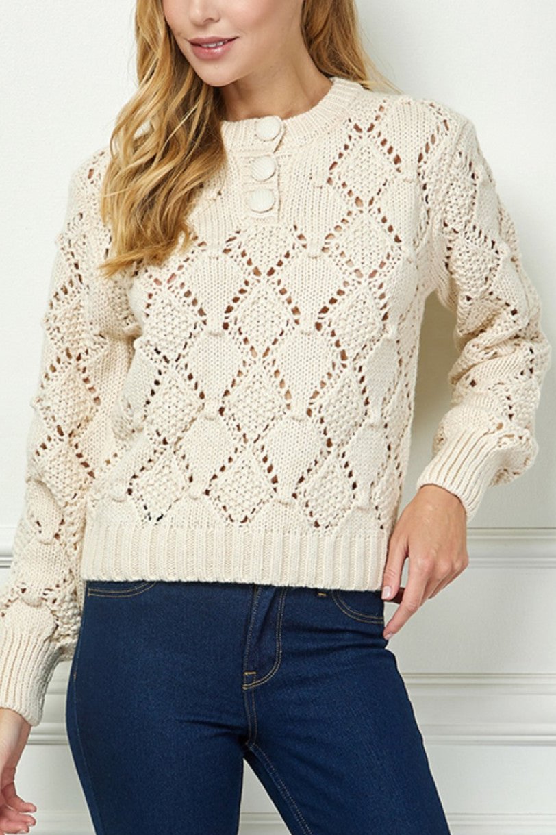 Women's Cream Pointelle Knit Sweater - Soft & Breathable Cable Knit Pullover for Fall & Winter | Perfect for Casual Outfits, Office Wear & Holiday Gatherings