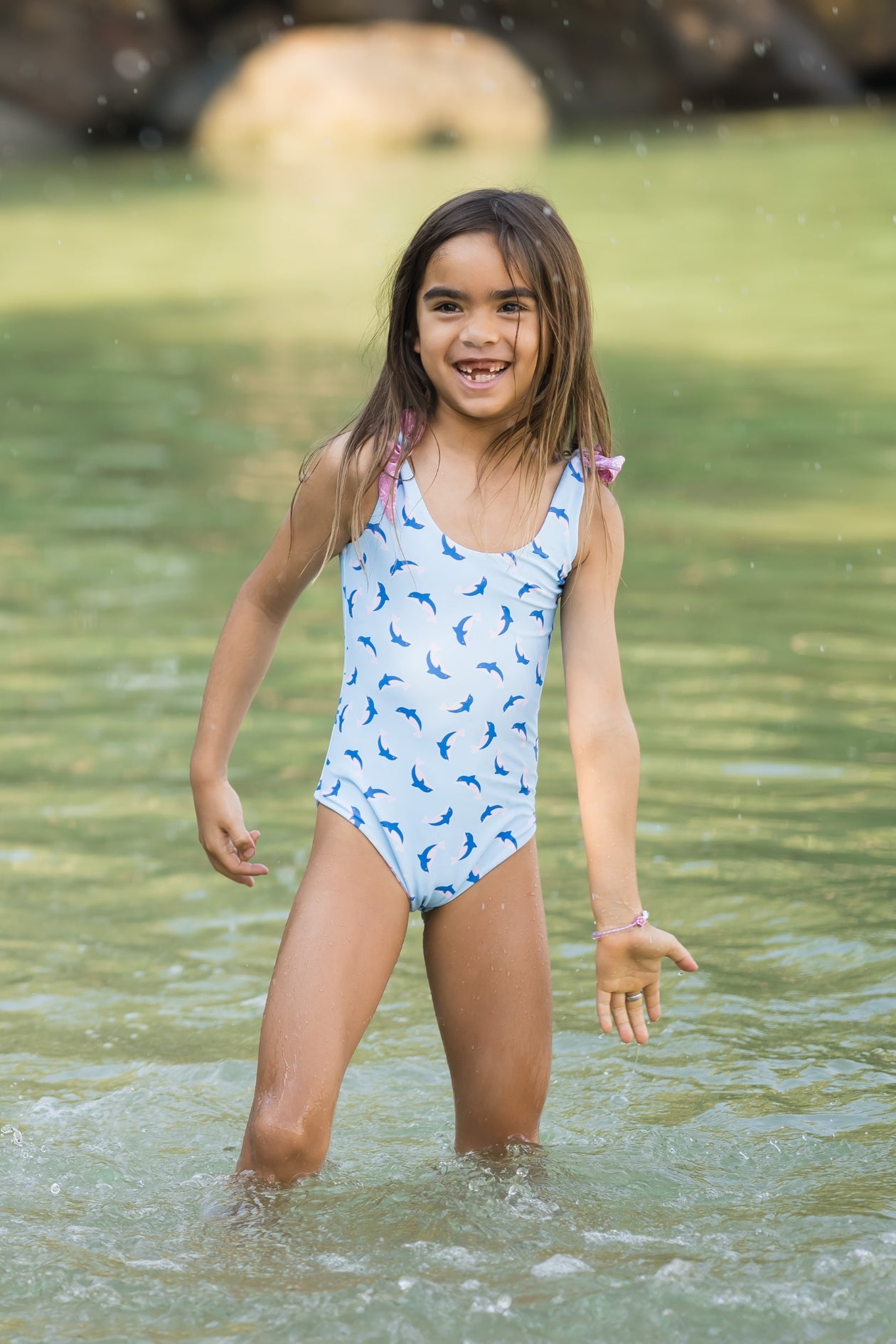 Canary Girls Reversible One Piece Swimsuit - Floral & Dolphin Print for Beach, Pool, and Summer Vacations