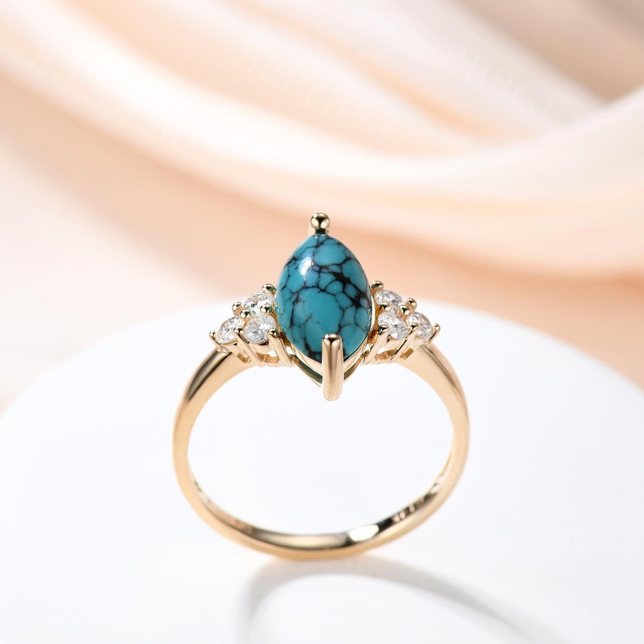 Marquise Turquoise Engagement Ring with Three Diamond Side Stones in 14k Gold Band - Perfect for Proposals, Weddings & Anniversary Gifts