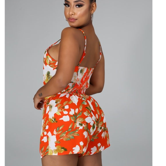 Stylish Orange Floral Romper Jumpsuit for Women - Summer Casual Outfit, Beach Vacation, Party Wear