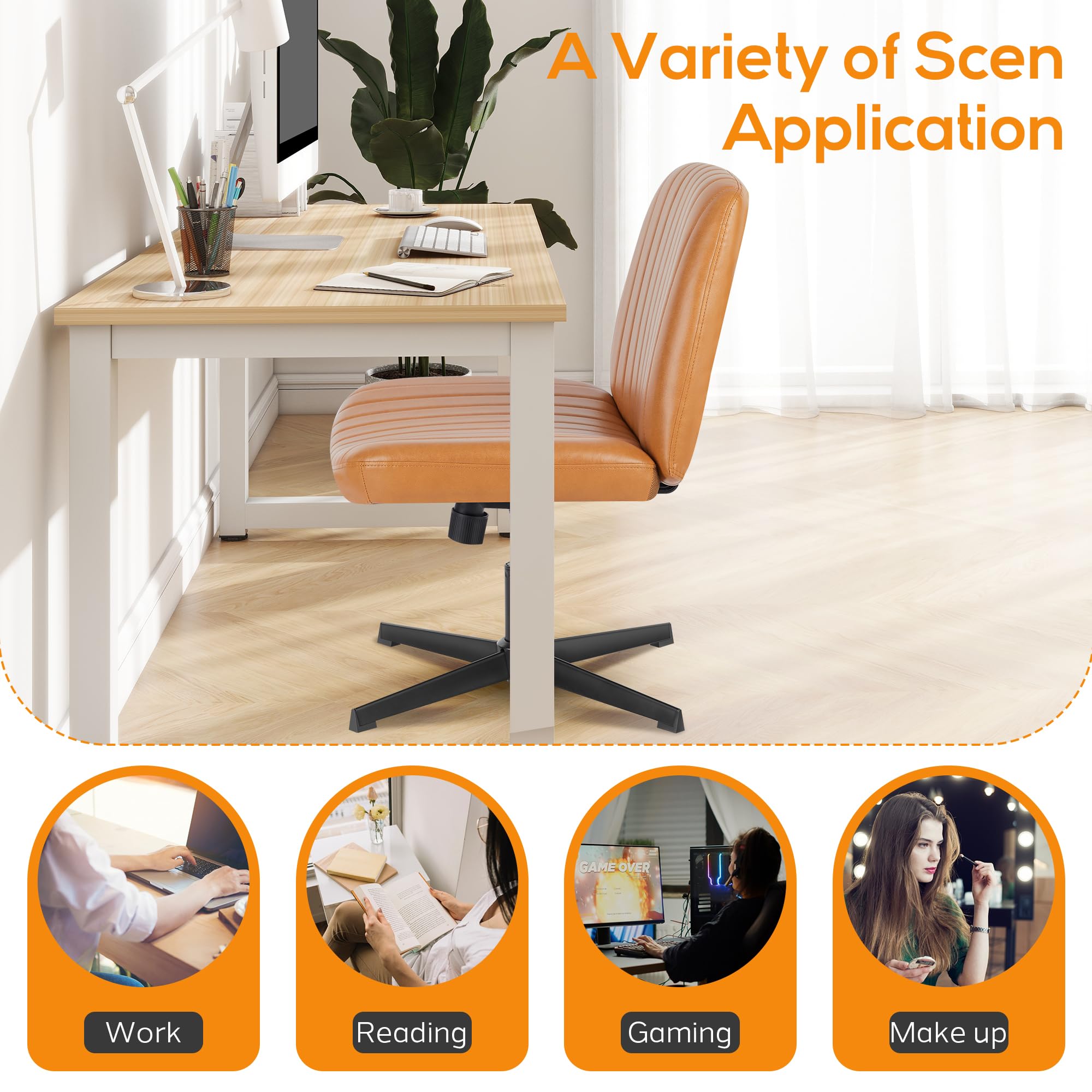 DUMOS Criss Cross Chair - Armless Office Desk Chair with Adjustable Height, No Wheels, Comfortable Task Seating for Home & Office - Perfect for Computer Work, Vanity Desk, and Study Areas