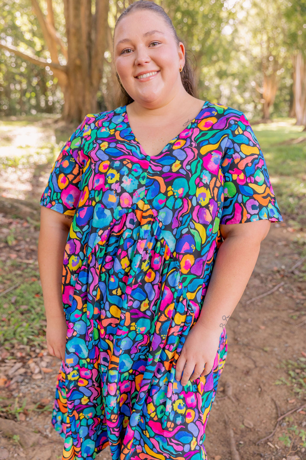 Kasey Rainbow Africa Print Peak Midi Dress - Floral Summer Dress for Women, Perfect for Beach Vacations & Casual Outings