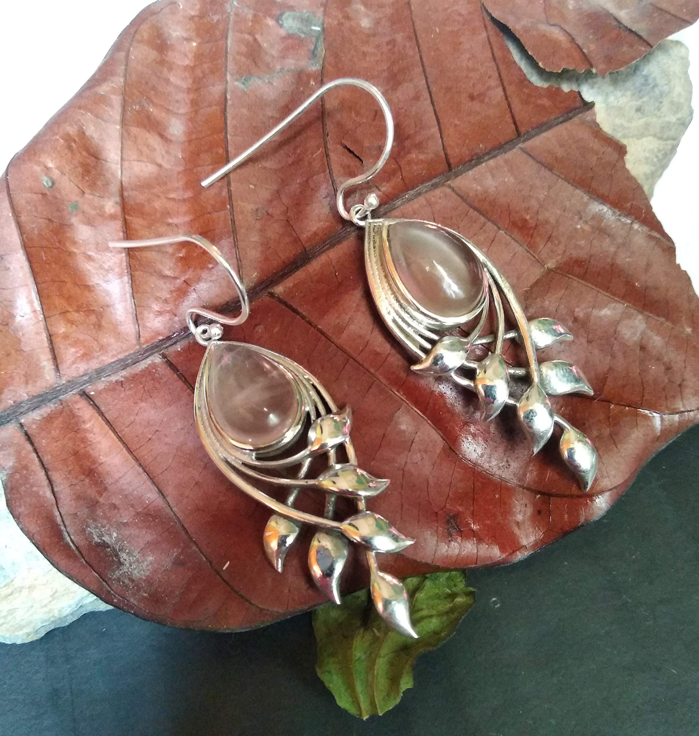 Rose Quartz Earrings for Women - 925 Sterling Silver Teardrop Leaf Shape Bridal Jewelry - Genuine Pink Gemstone Earrings - Perfect Gift for Her, Birthday, Anniversary, Wedding & Special Occasions