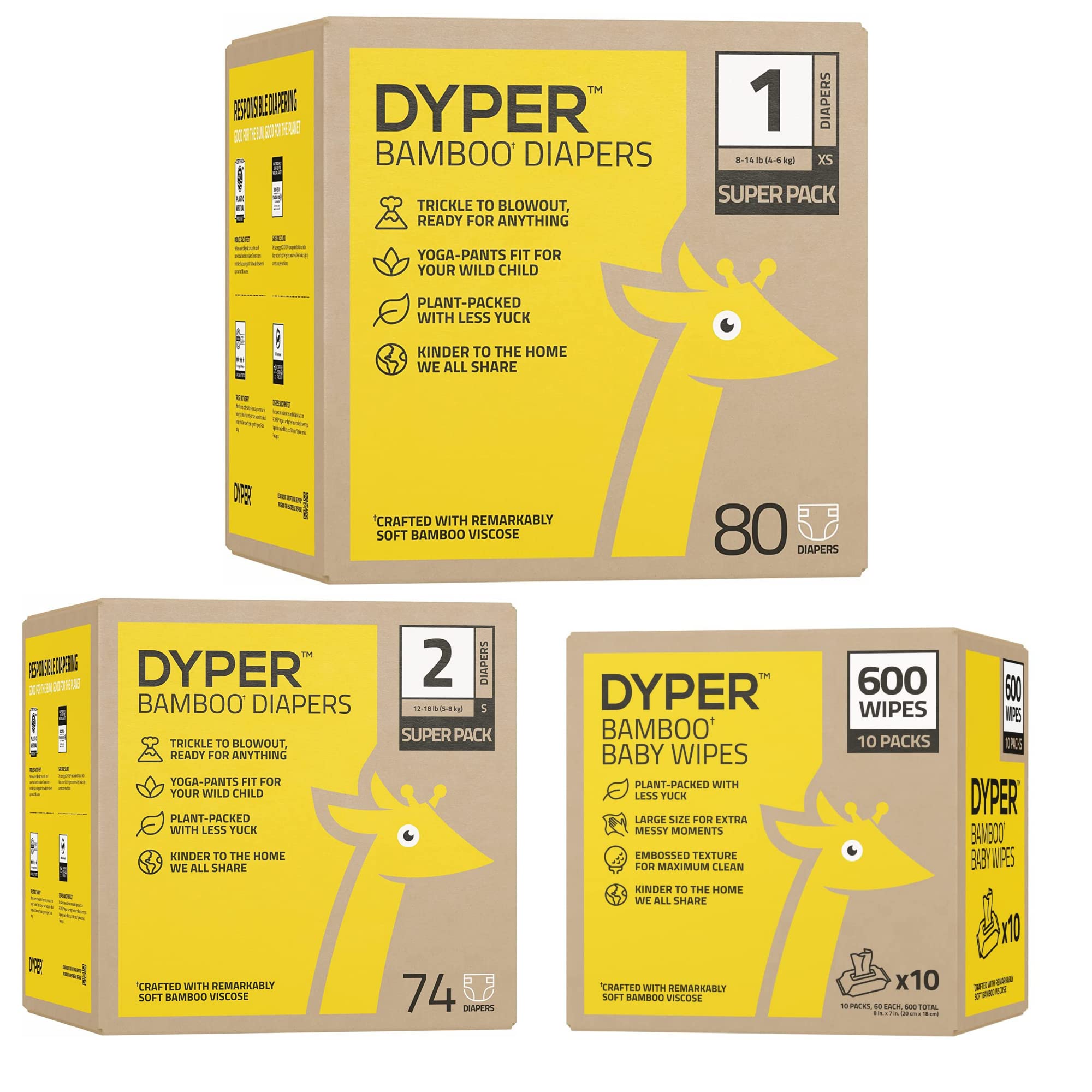 DYPER Bamboo Baby Diapers - Size 1 (80) + Size 2 (74) + Wipes (10 Pack) | Hypoallergenic, Eco-Friendly, Plant-Based for Sensitive Skin | Natural Cloth Alternative for Day & Overnight Use | Perfect for Newborns and Infants at Home or Travel