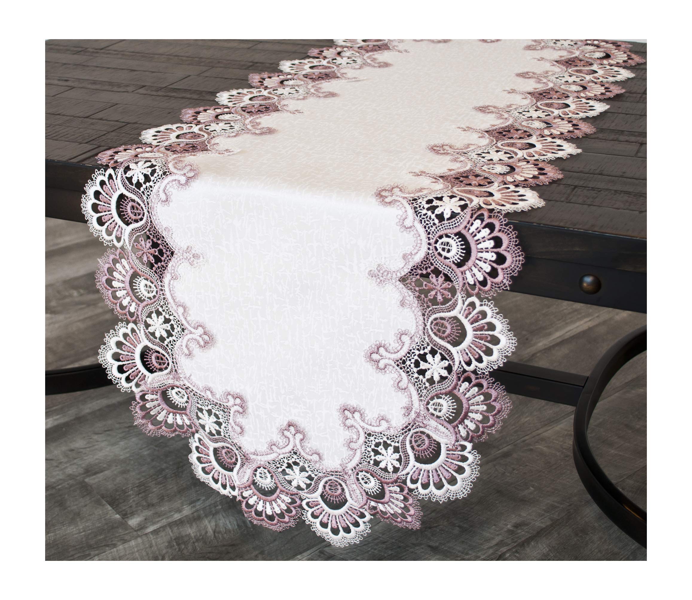 Elegant White Mauve Rose Jacquard Peacock Tail Lace Table Runner - 16x35 Inch Dresser Scarf & Coffee Table Decor for Dining Room, Wedding, and Home Decor