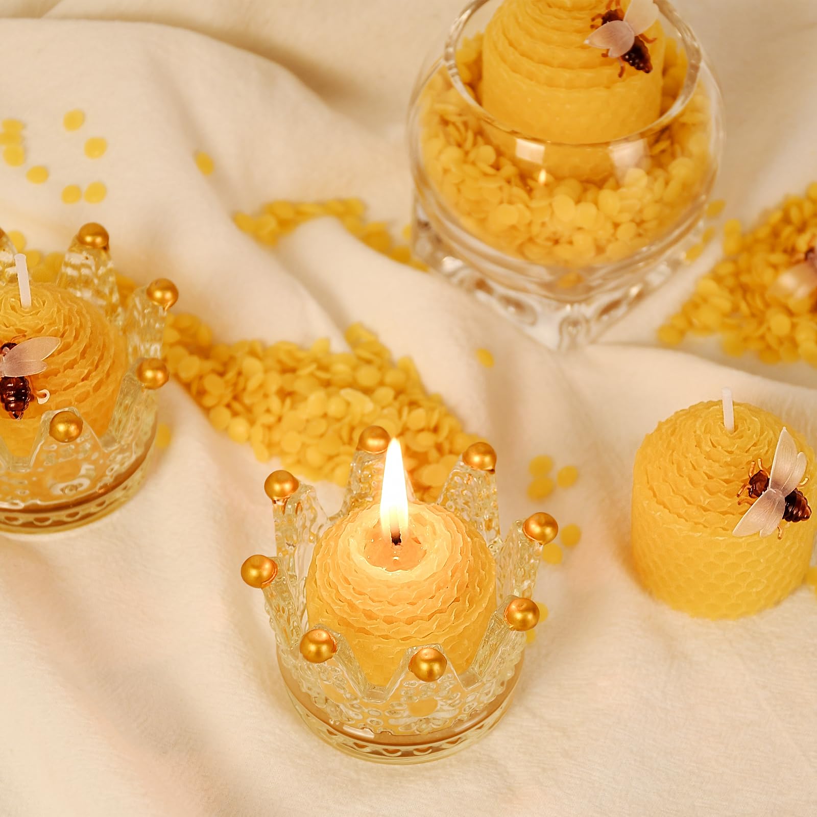 DEYBBY Natural Beeswax Candles - Set of 6 Small Bee Votive Candles with Honeycomb & Bee Decorations, Perfect for Home Decor, Wedding Favors & Relaxation (Yellow)