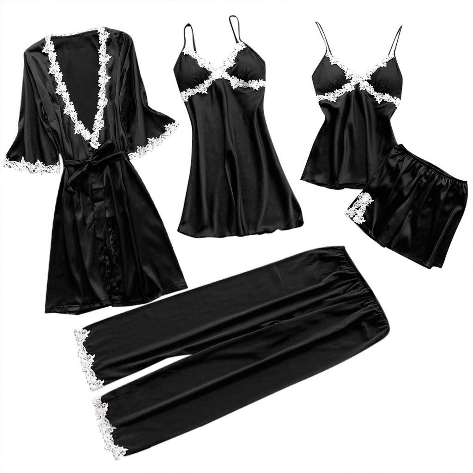 5-Piece Women's Floral Lace Trim Satin Sleepwear Set - Sexy Cami Top & Nightgown with Robe - Plus Size Silk Pajamas for Comfortable Nights & Romantic Occasions