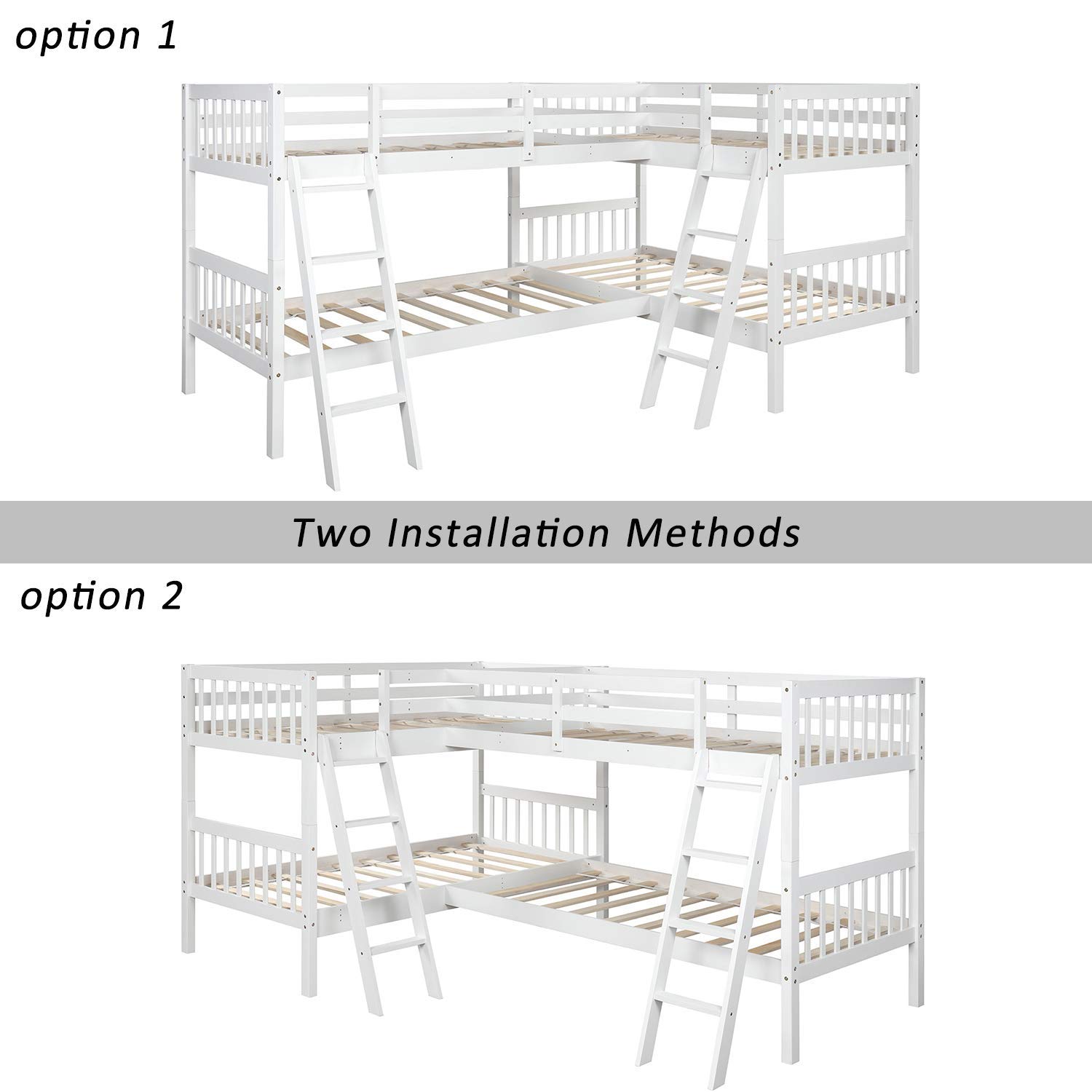 SOFTSEA Twin Over Twin L-Shaped Wooden Bunk Bed with Ladder - Space Saving Corner Loft Bed for Kids & Teens - No Box Spring Needed - Perfect for Small Bedrooms & Dorm Rooms (White)