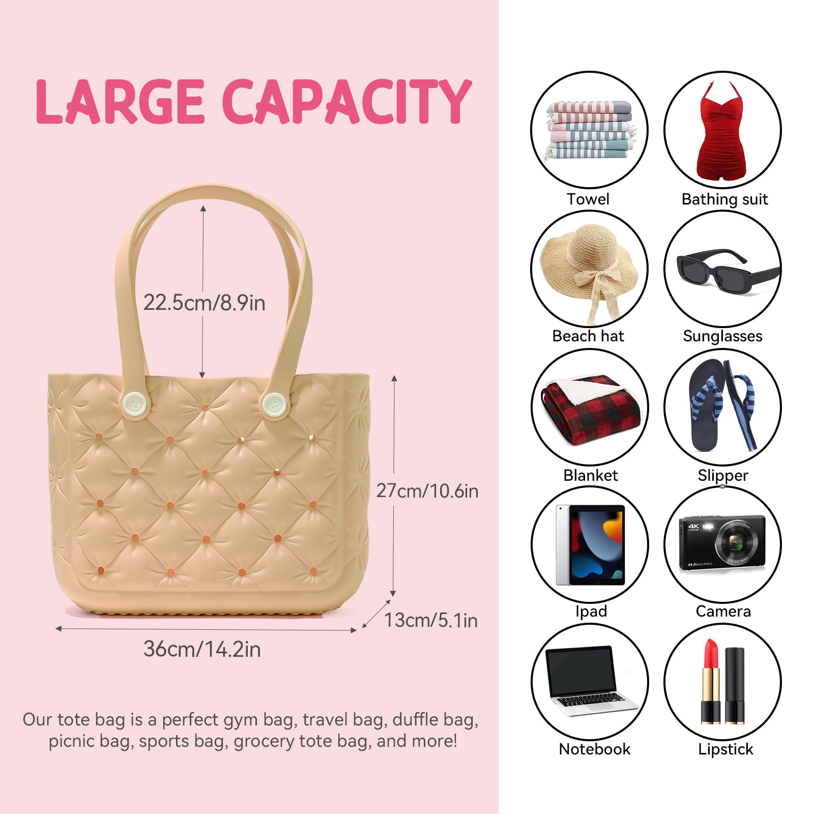 Waterproof Beach Tote Bag for Women - Lightweight Washable Rubber Travel Bag for Beach, Pool, Boat, Grocery Shopping & Sports | Perfect for Summer Vacations, Swimming & Outdoor Activities