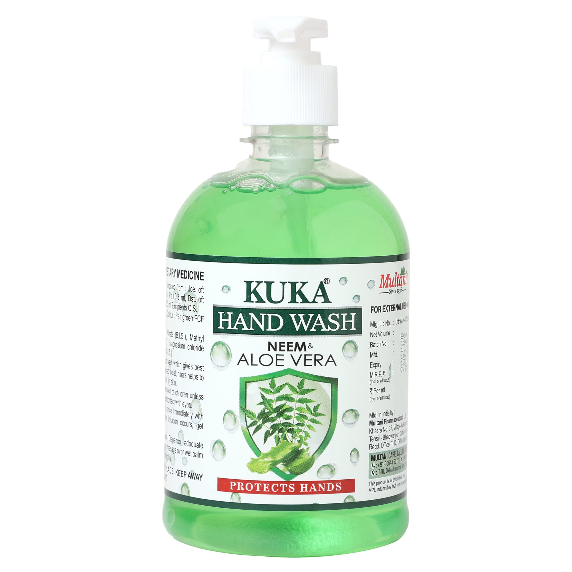 Multani Kuka Neem & Aloe Vera Ayurvedic Hand Wash - 500ml Natural Liquid Soap for Dry & Sensitive Skin | Perfect for Home, Kitchen & Bathroom Use