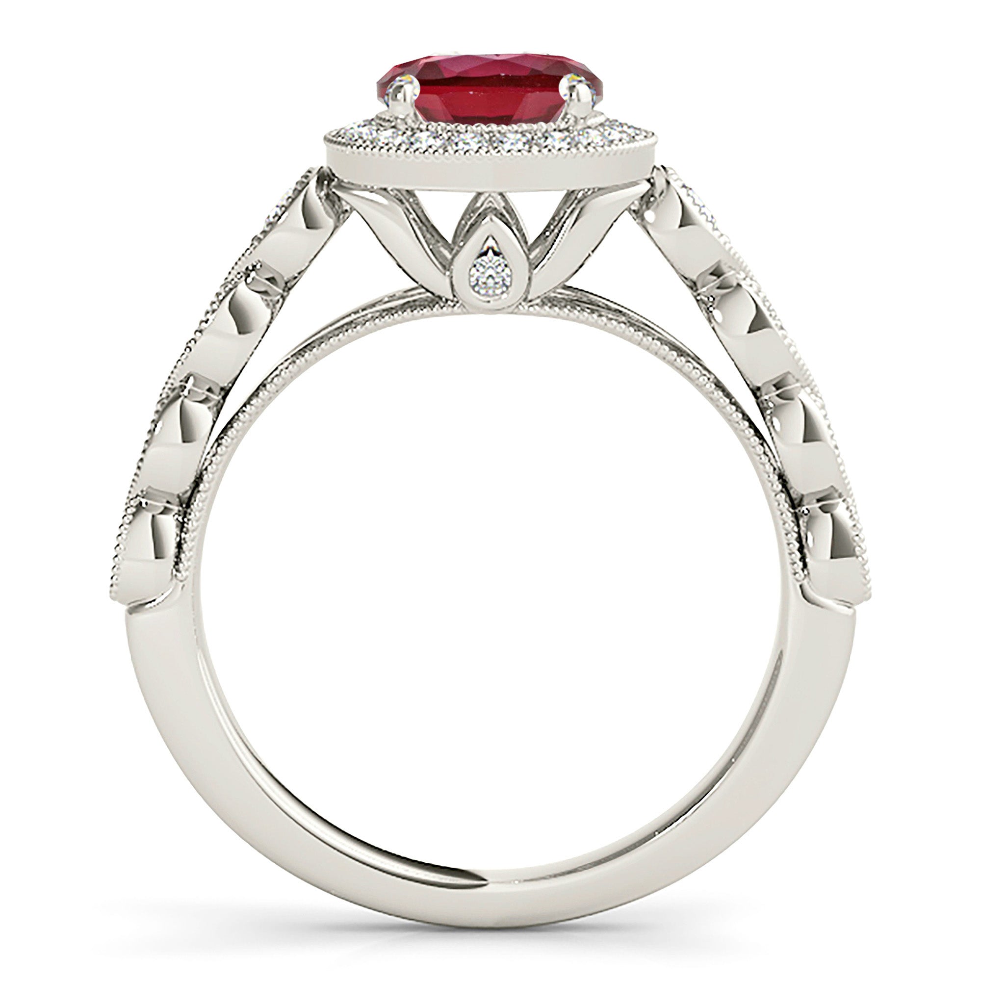 1.35 Carat Genuine Ruby Halo Ring with Swirly Milgrain Diamond Band - Elegant Engagement, Wedding, Anniversary Gift for Women