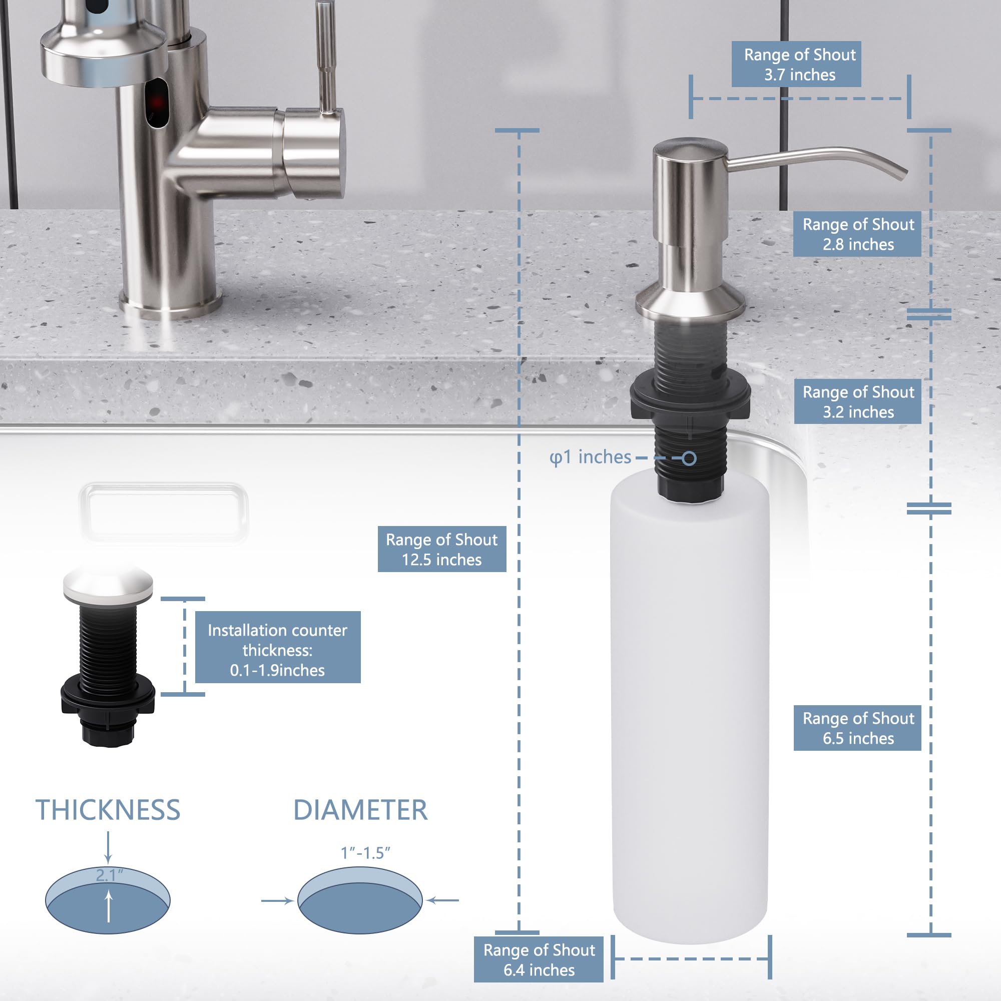 GIMILI Brushed Nickel Built-in Sink Soap Dispenser or Lotion Dispenser - Perfect for Kitchen, Bathroom, and Laundry Room Sinks
