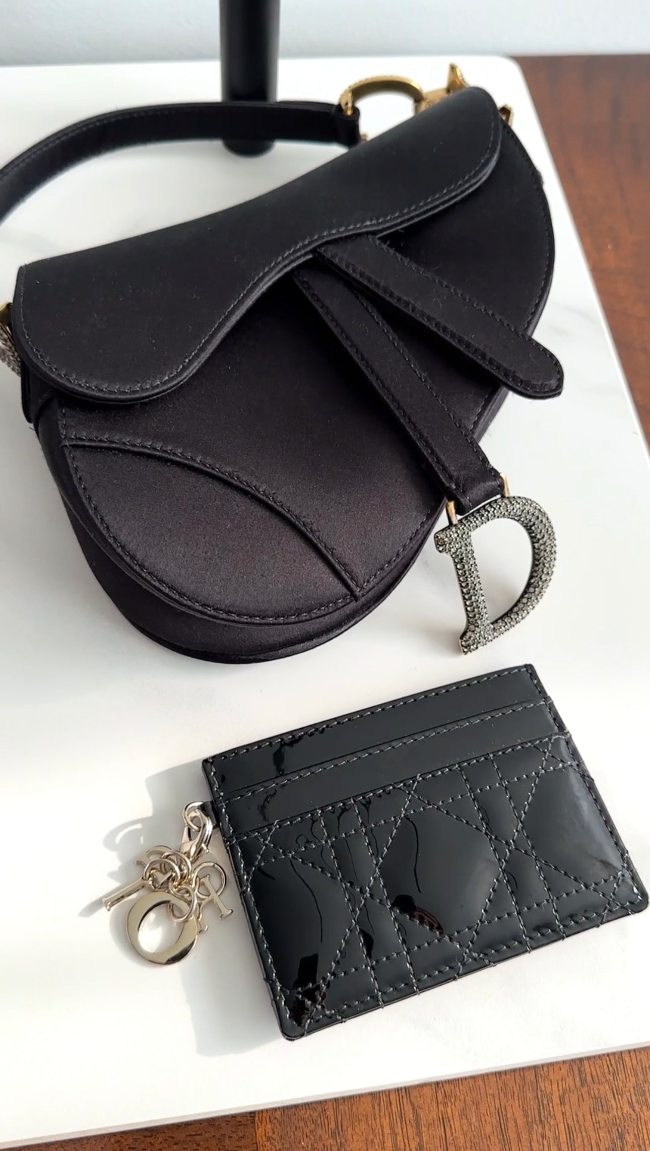Christian Dior Black Satin Crystal Embellished Mini Saddle Bag - Luxury Crossbody Purse for Women, Perfect for Evening Parties & Special Occasions