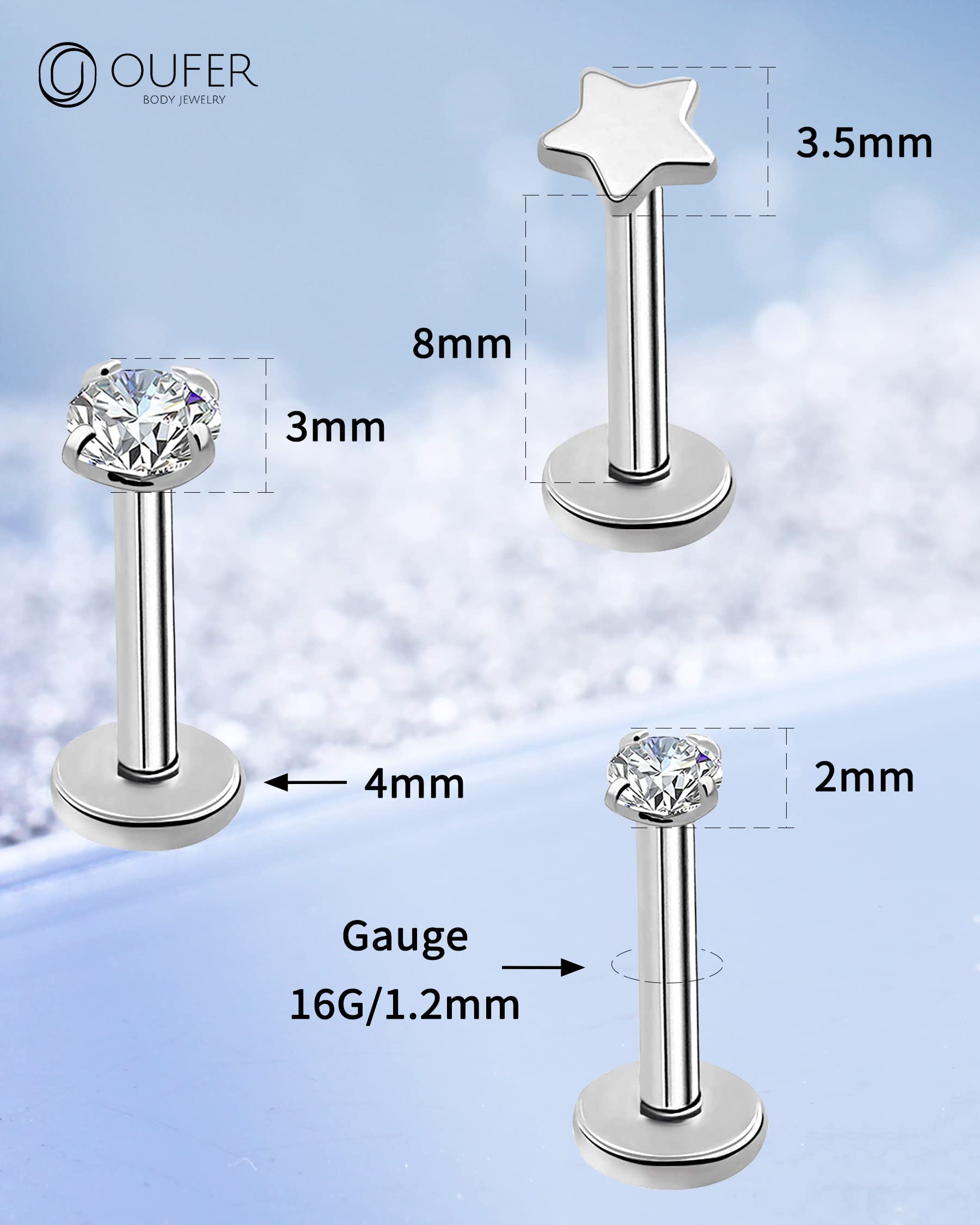 OUFER 3PCS Titanium Flat Back Earrings - Internally Threaded Labret, Tragus, Helix, Conch, Monroe Lip Rings - Hypoallergenic Body Jewelry for Cartilage & Nose Piercings | Perfect for Everyday Wear, Parties & Gifts