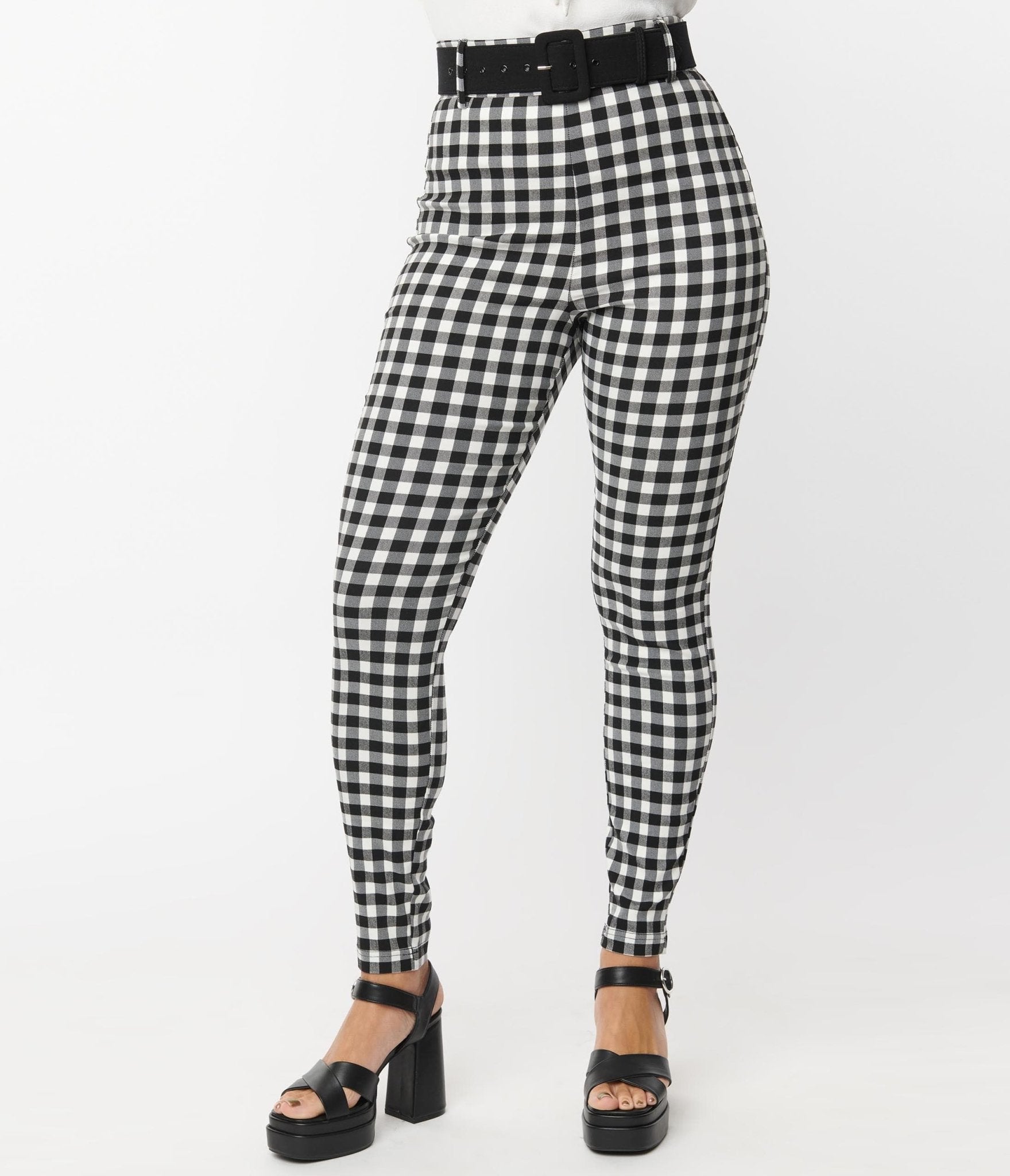 Vintage Black & White Gingham High Waisted Belted Pants for Women - Retro 50s Style Rizzo Pants - Perfect for Halloween Costumes, Themed Parties & Pin-Up Fashion