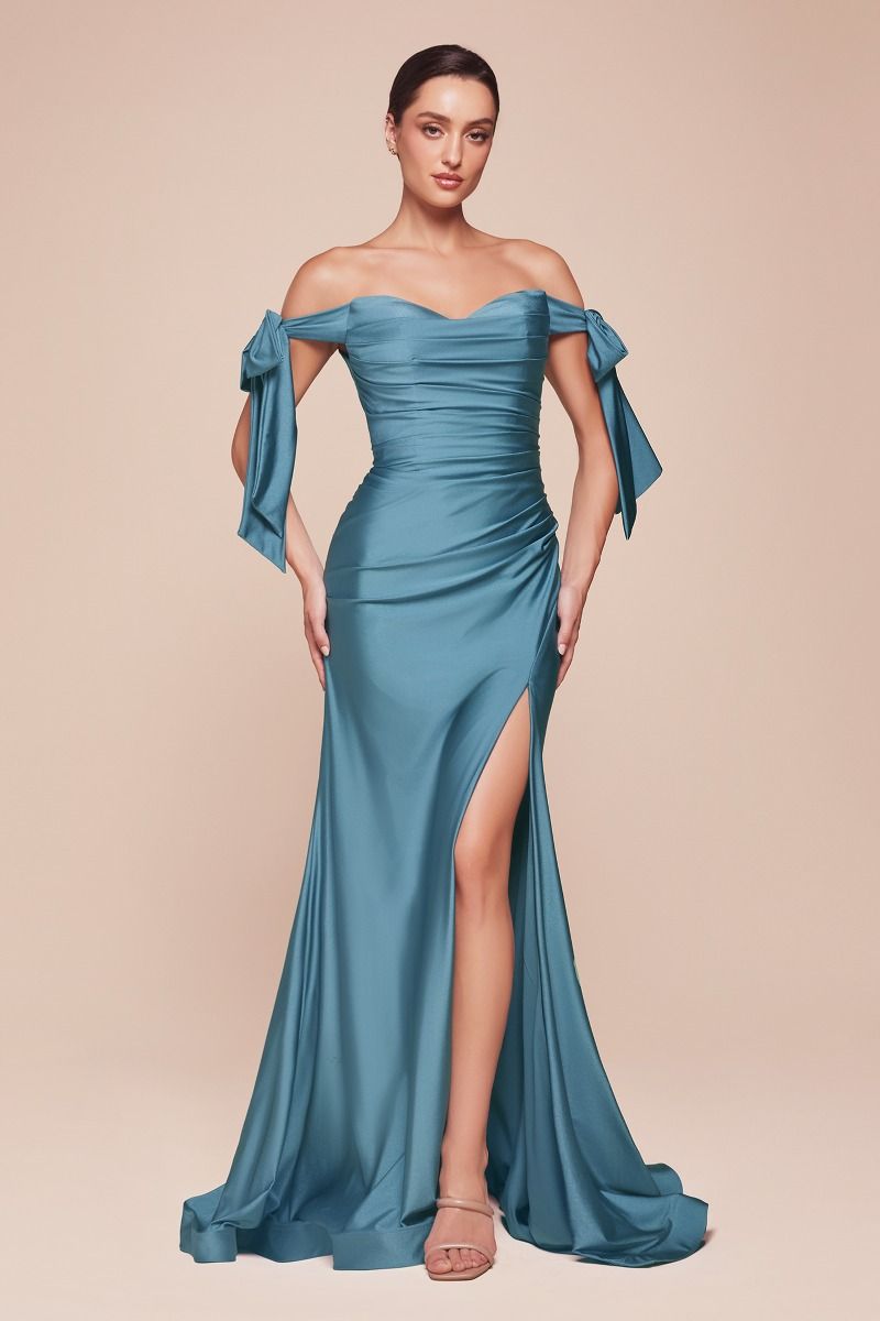 Elegant Off Shoulder Stretch Spandex Satin Dress with Ties - Lake Blue Amber Gown for Evening Parties, Prom & Special Occasions