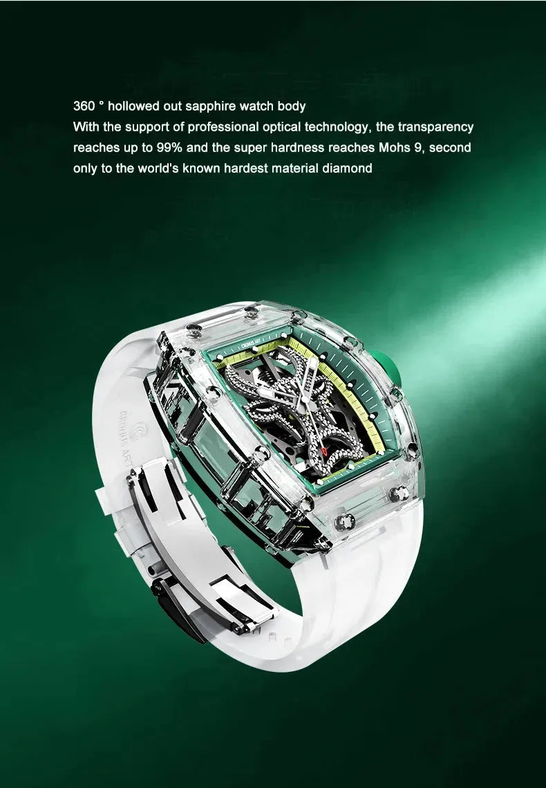 CRONUSART Men's Automatic Skeleton Watch - 50mm Tonneau Sapphire Crystal Case, Mechanical Movement, Luminous Hands, Liquid Silicone Strap, Bull Dial - Perfect for Business, Casual Wear & Gift Giving