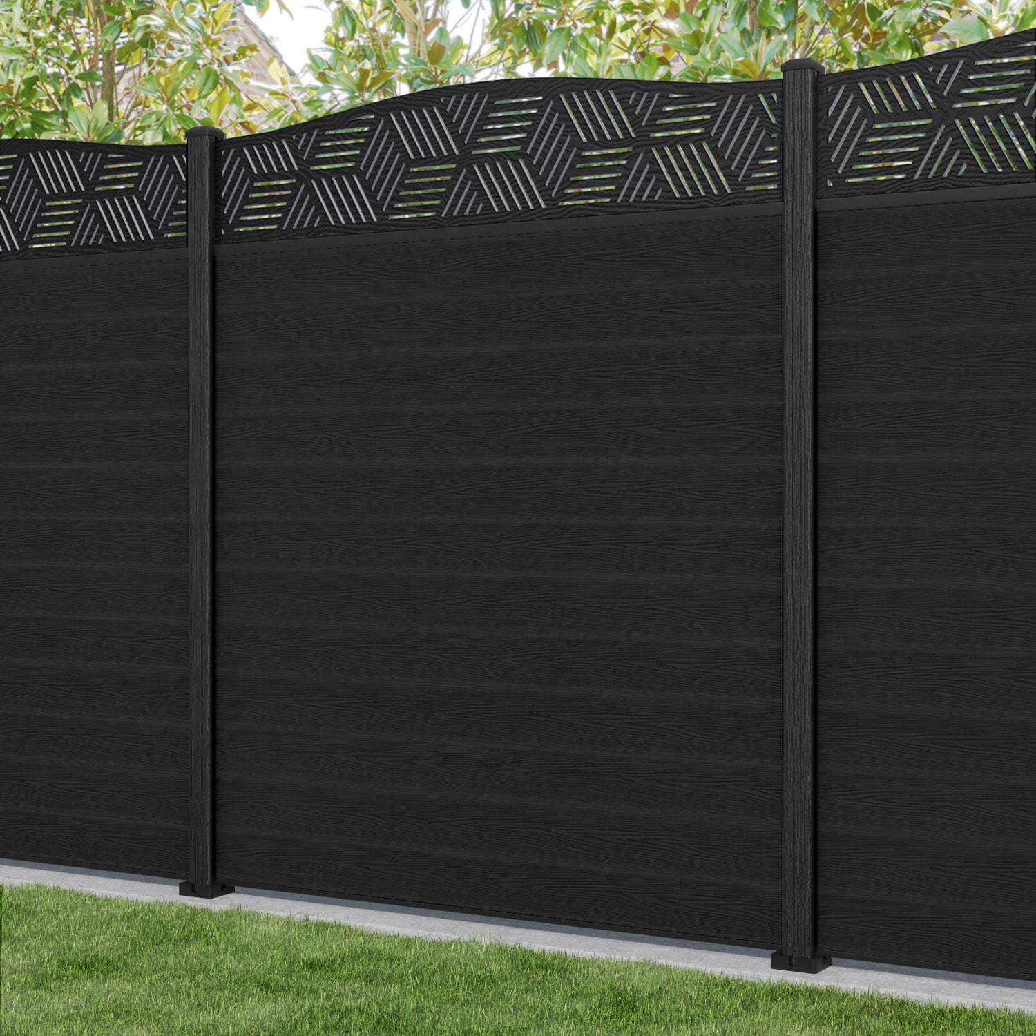 Classic Black Cubed Curved Top Composite Fence Panel - Durable Outdoor Privacy Fence for Backyard, Garden, and Pool Area Decoration
