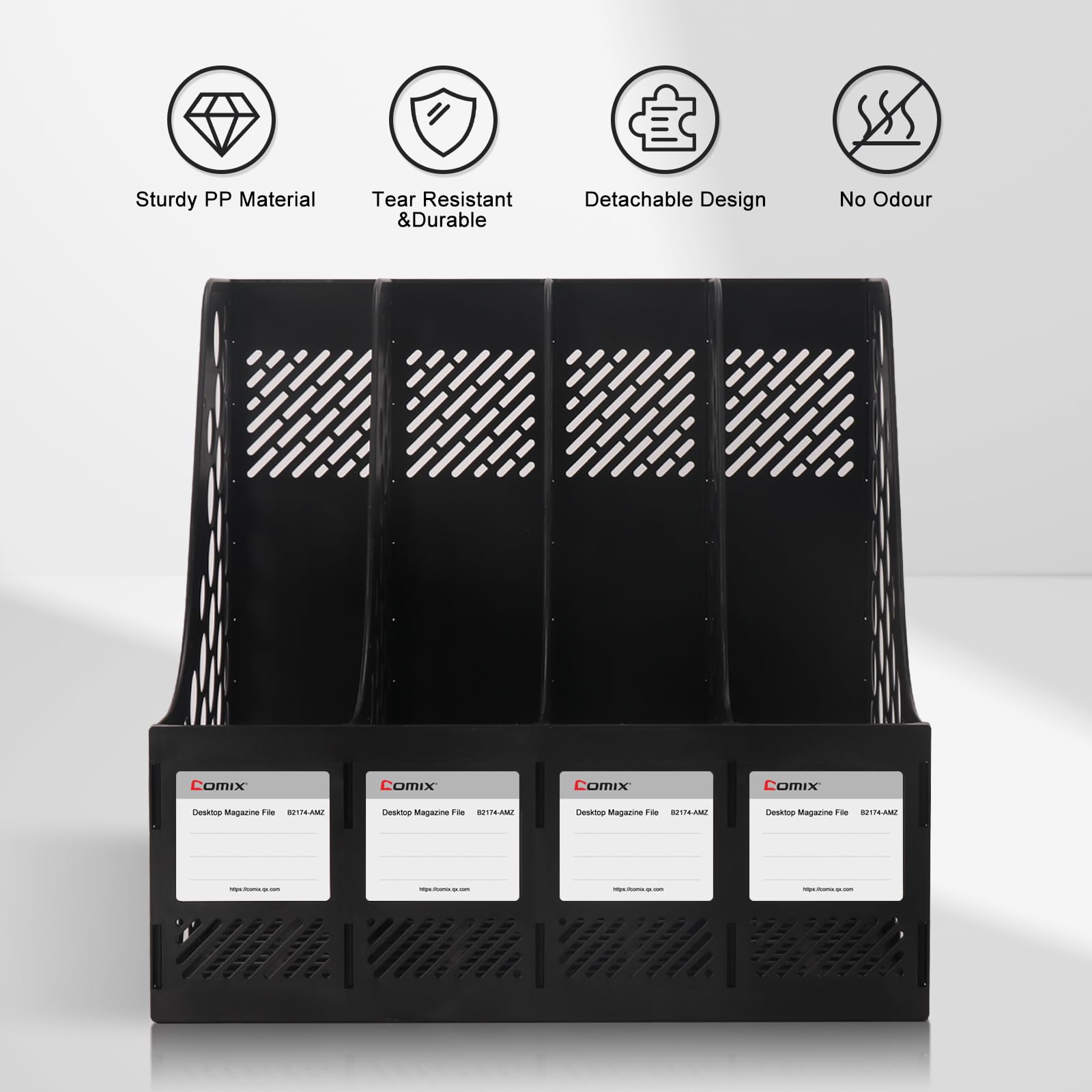 Comix Vertical Desktop File Organizer - 4 Compartment Plastic Magazine & Book Holder for Folders, Binders, Documents - Black | Perfect for Office, Home & School Organization