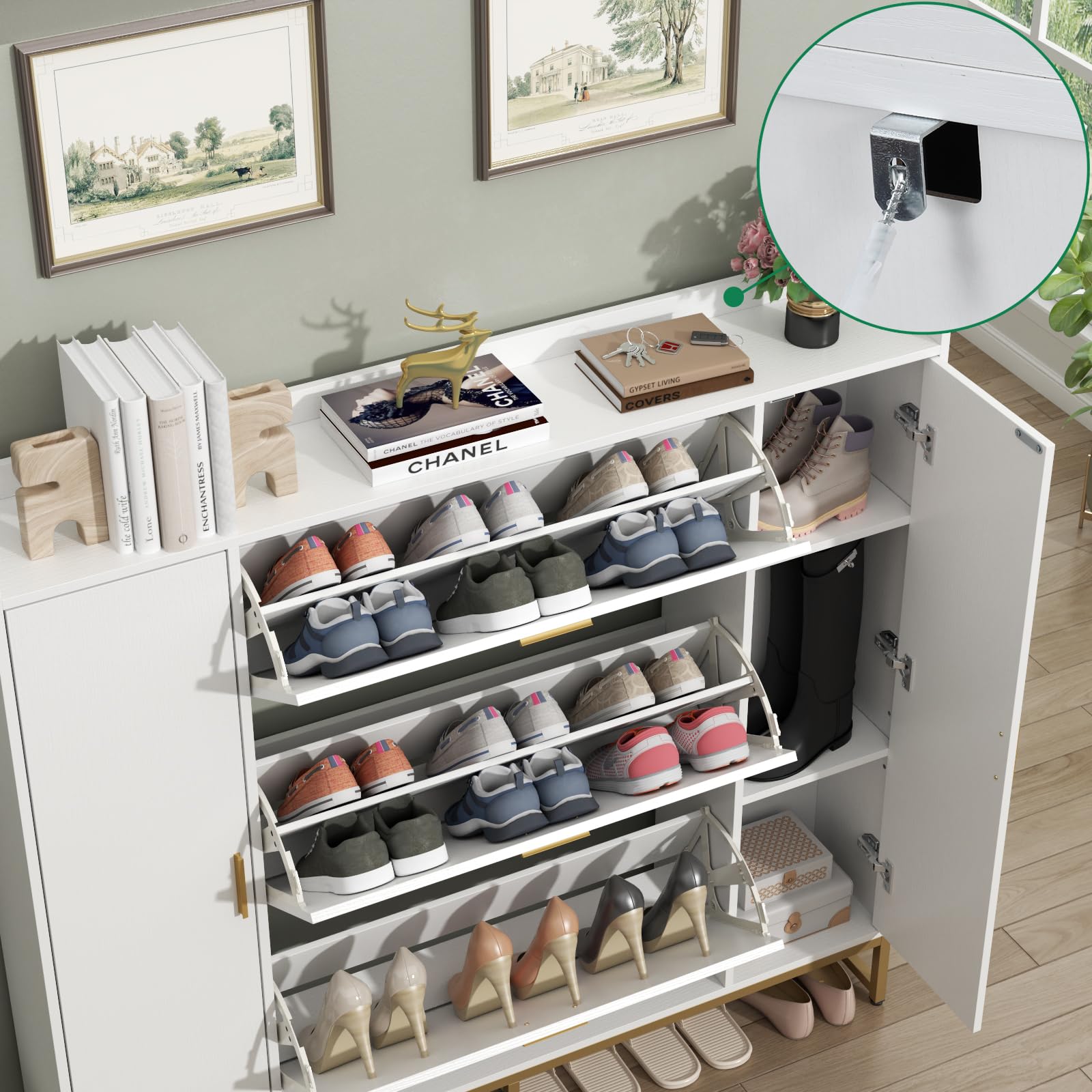 Modern White Shoe Cabinet with 3 Flip Drawers & 2 Storage Compartments - Freestanding Entryway Organizer with Metal Legs for Hallway, Living Room, Bedroom - Slim Shoe Storage Rack for Sneakers, Boots & Home Organization