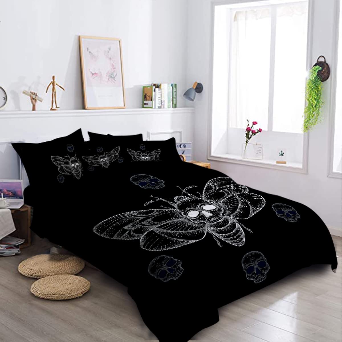 **BlessLiving Death Moth King Size Bedding Set – Gothic Hawk Moth Skull Design in Black & White, 8-Piece Halloween Comforter Set with Sheets for Boys & Teens, Perfect for Spooky Bedrooms & Themed Decor**