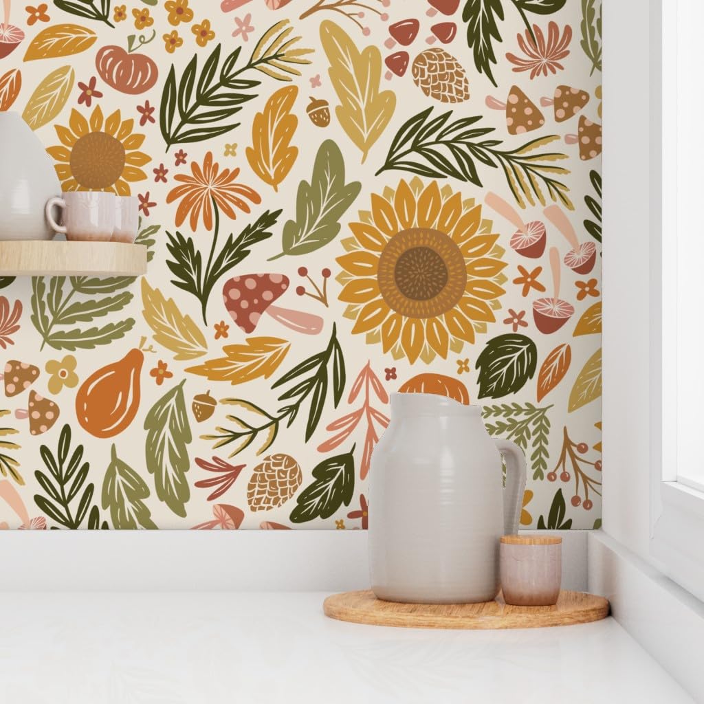 Peel & Stick Removable Wallpaper 6ft x 2ft - Autumn Botanicals with Leaves, Acorns, Sunflowers & More | Custom Self-Adhesive Wallpaper by Spoonflower | Perfect for Bedroom, Living Room & Home Decor