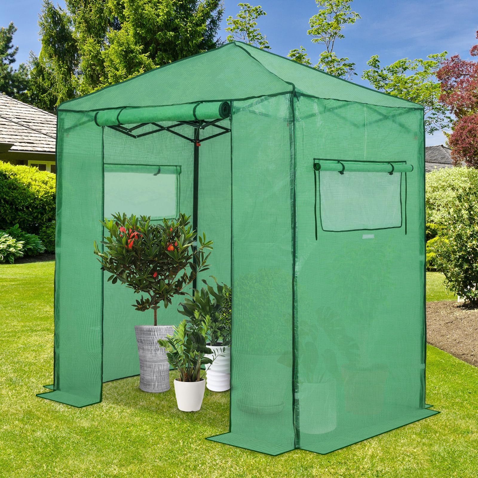 EAGLE PEAK 6x4 ft Portable Walk-in Greenhouse for Indoor & Outdoor Gardening - Pop-Up Plant Greenhouse with Zippered Door & Windows, PE Cover (Green) - Perfect for Seed Starting, Plant Protection & Year-Round Gardening