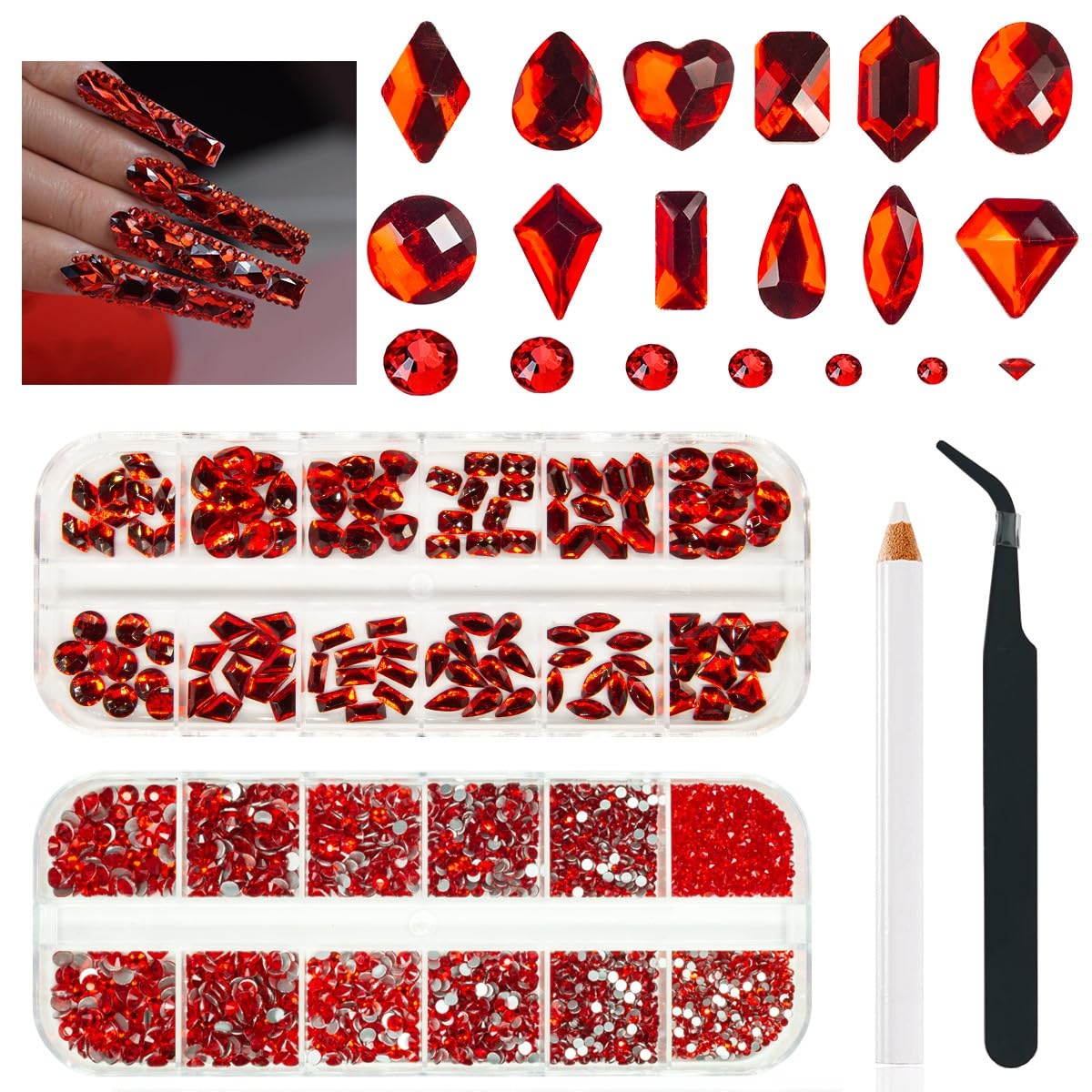 4080Pcs Red Nail Rhinestones - Multi-Shape Ruby Red Crystal Gems for Nails, Siam Red Round Flatback Beads, Glass Stones & Diamonds for DIY Nail Art, Face & Eye Makeup | Perfect for Manicures, Costume Jewelry & Craft Projects