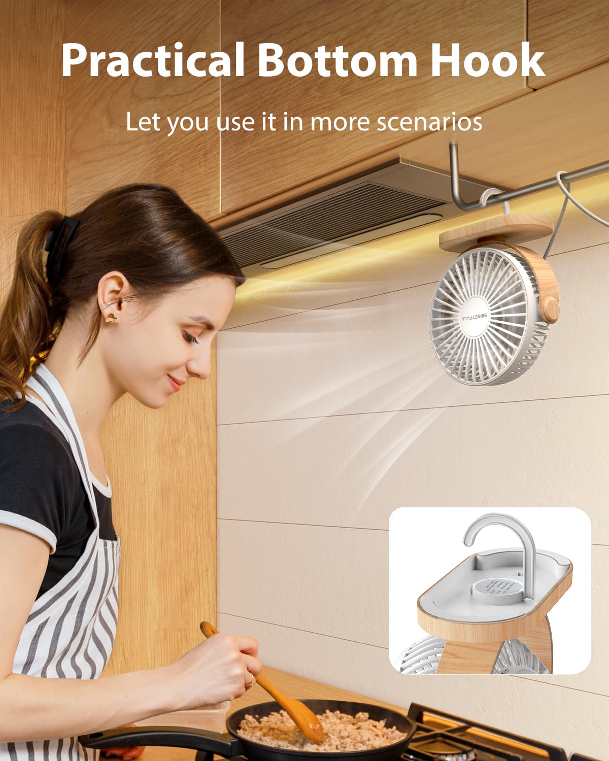 SWEETFULL USB Desk Fan - 3 Speed Portable Mini Fan with 360° Rotation, Quiet Personal Table Fan for Home, Office, Car & Travel (White Wood Grain) | Perfect for Work Desks, Bedrooms & Outdoor Activities