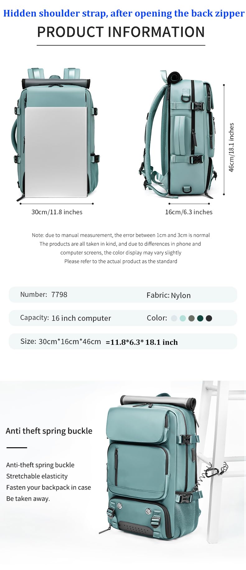 Waterproof 16 Inch Women's Travel Backpack with USB Charging Port & Shoe Compartment - Lightweight Hiking Backpack for Business, Commuting & Outdoor Adventures (Green)