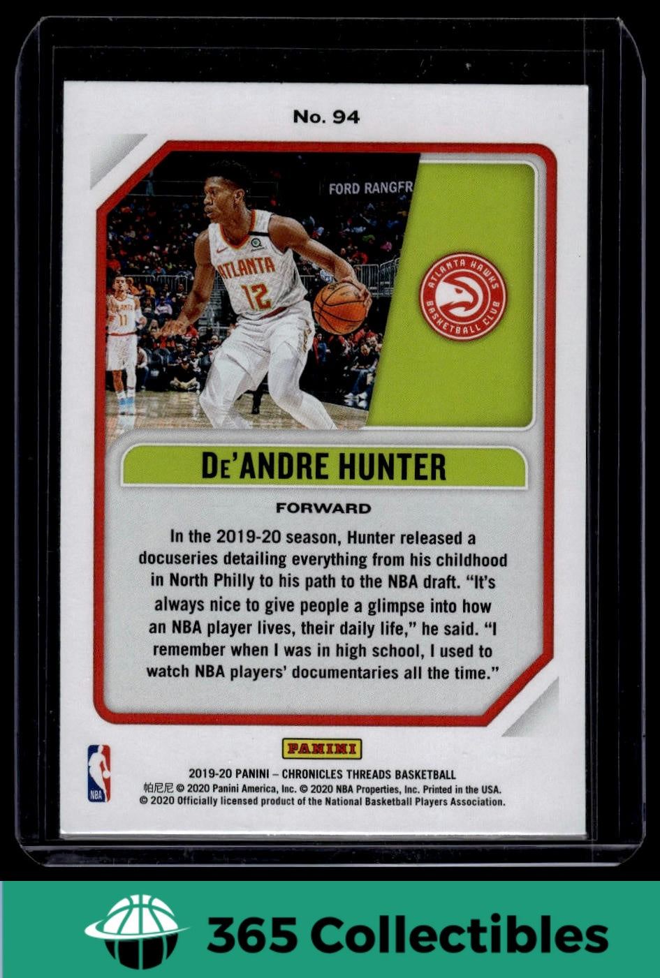 2019-20 Panini Chronicles De'Andre Hunter Green #94 Basketball Card - Atlanta Hawks Rookie - Collectible Sports Memorabilia for Fans and Card Enthusiasts
