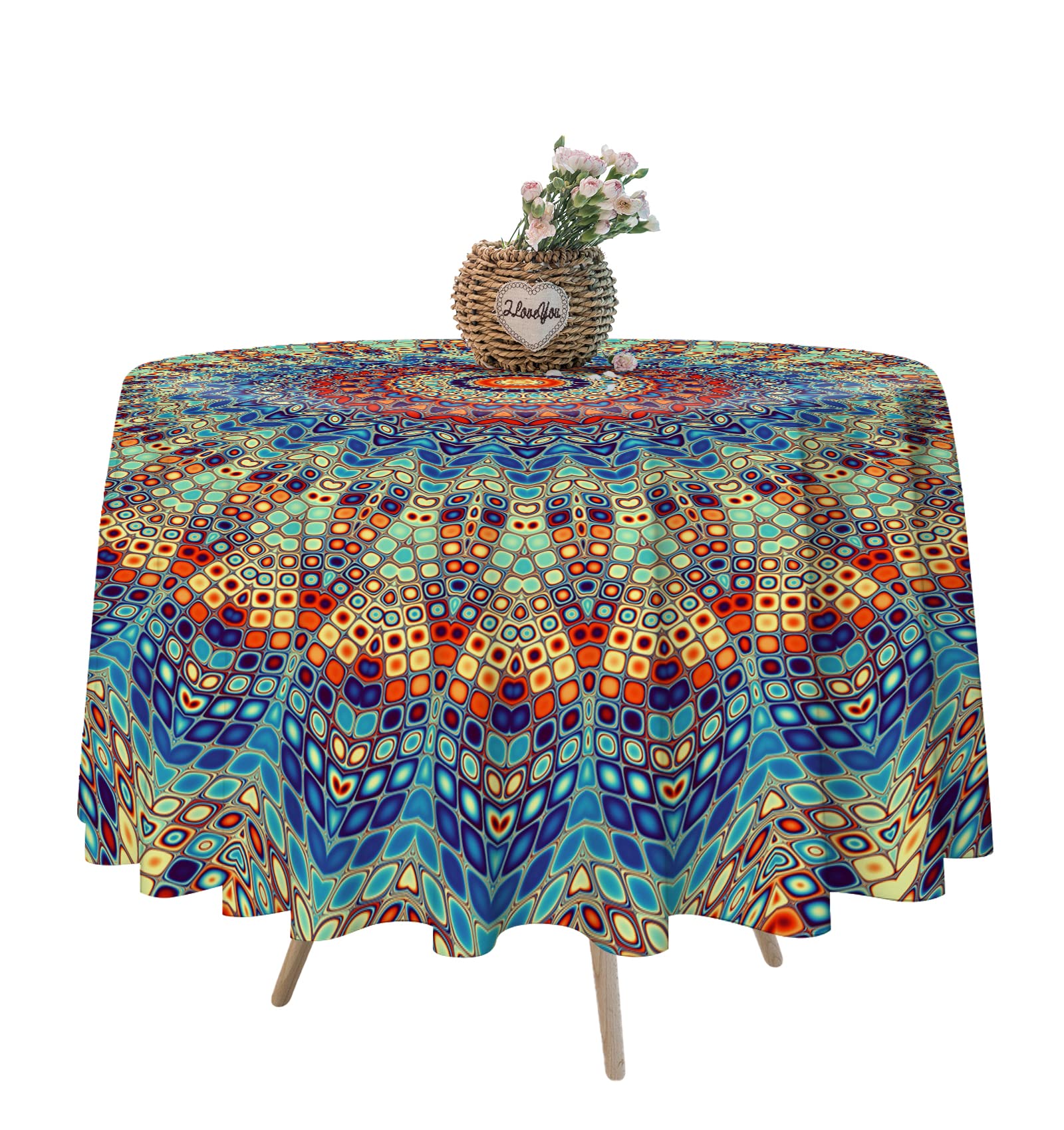 Vantaso 60 Inch Round Tablecloth - Abstract Mandala Floral Design, Polyester & Linen Blend, Machine Washable Table Cover for Kitchen, Dining, Coffee Tables | Perfect for Indoor & Outdoor Decor, Parties, and Daily Use