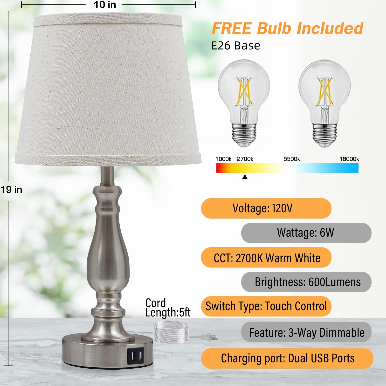 Set of 2 Brushed Nickel Bedside Lamps with USB Ports & 3-Way Dimmable Touch Control - Fabric Lampshade Nightstand Lights for Bedroom, Living Room & Office (Bulbs Included) | Perfect for Reading, Working & Creating Cozy Ambiance