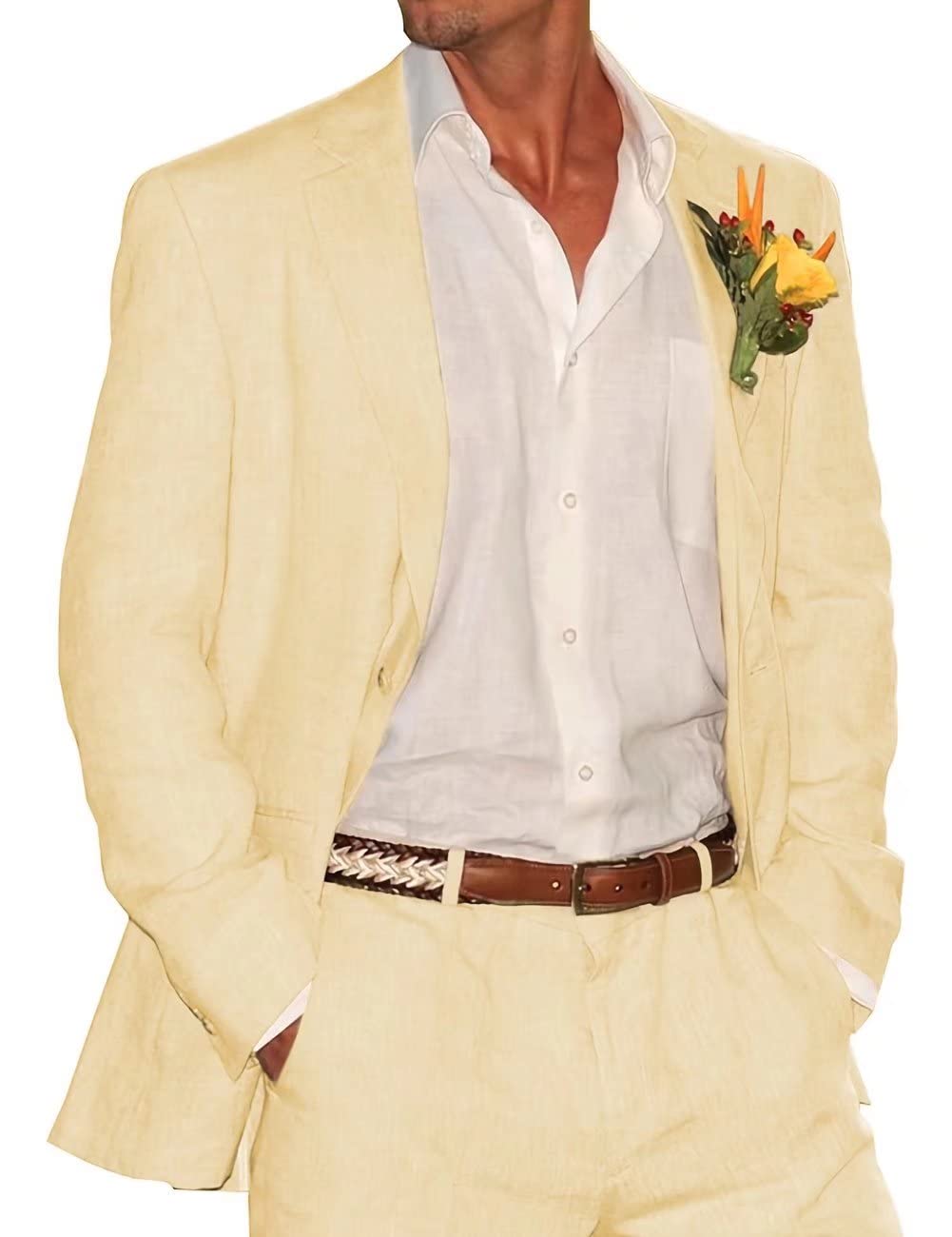 HUUTOE Men's Linen Suit 2-Piece Set - Slim Fit Summer Wedding Blazer & Pants for Grooms and Groomsmen | Big & Tall Sizes | Perfect for Beach Weddings, Garden Parties & Casual Summer Events