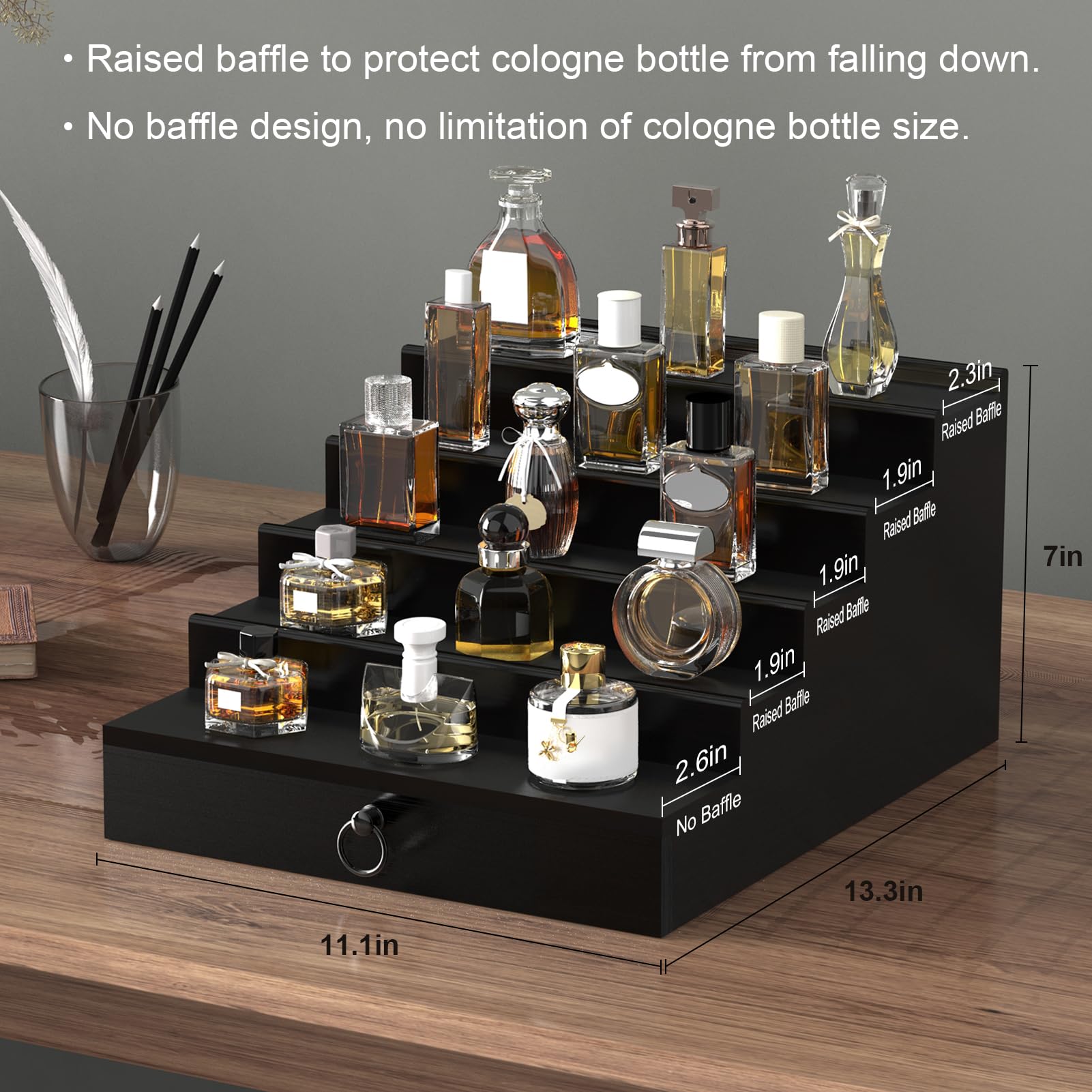 5-Tier Black Cologne Organizer for Men with Drawer & Hidden Compartment - Perfume Display Stand & Storage Shelf - Perfect Gift for Him - Ideal for Bathroom, Dresser, and Vanity Organization