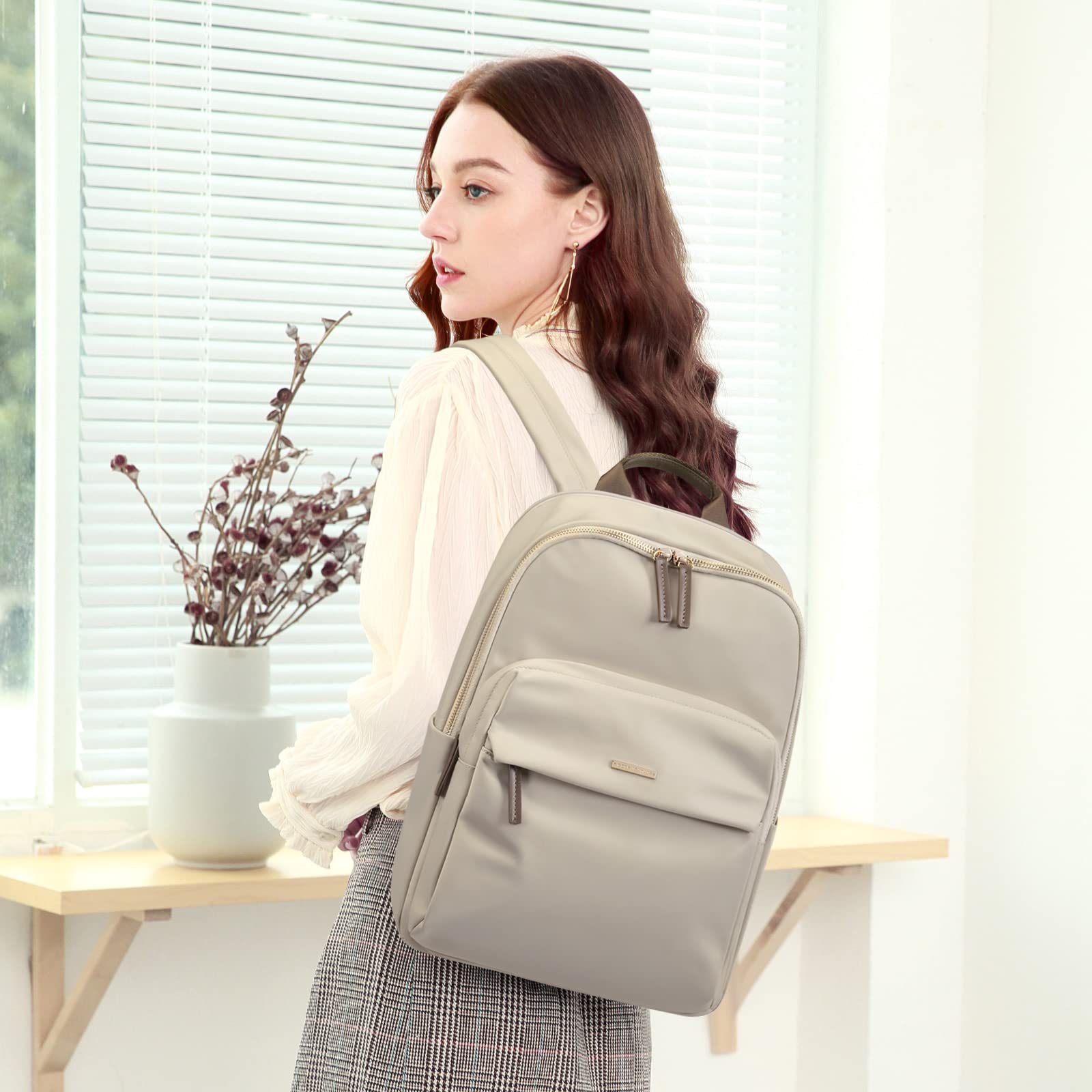 Stylish Women's Laptop Backpack for Work, College & Travel - 16 Inch Notebook Compatible Multifunctional Daypack, Purse & School Bag (Apricot) - Perfect for Office Commute, Campus Life & Business Trips