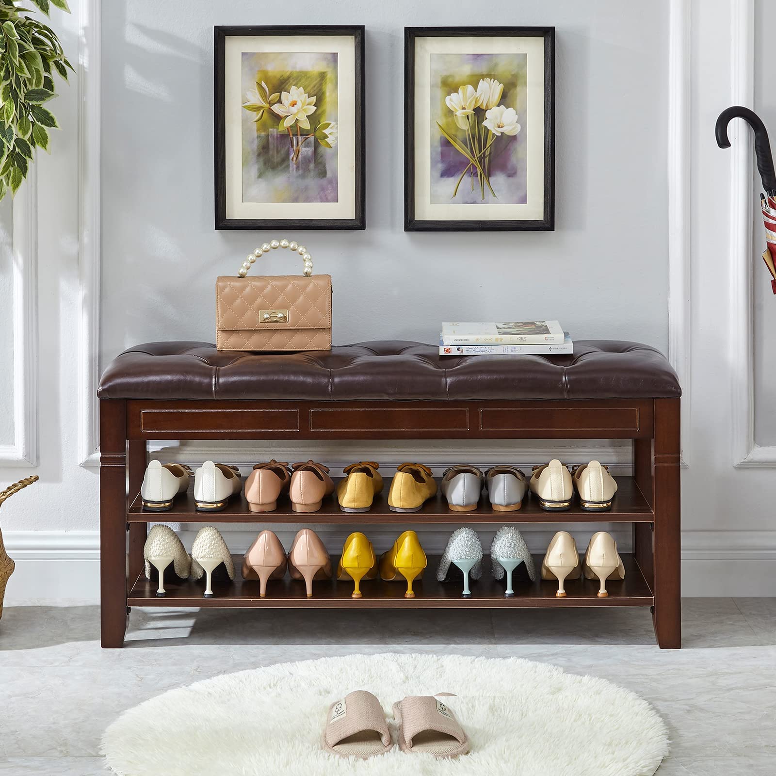 LEILISI 2-Tier Wooden Shoe Bench with Storage & Lift Top Cushion - 39.4