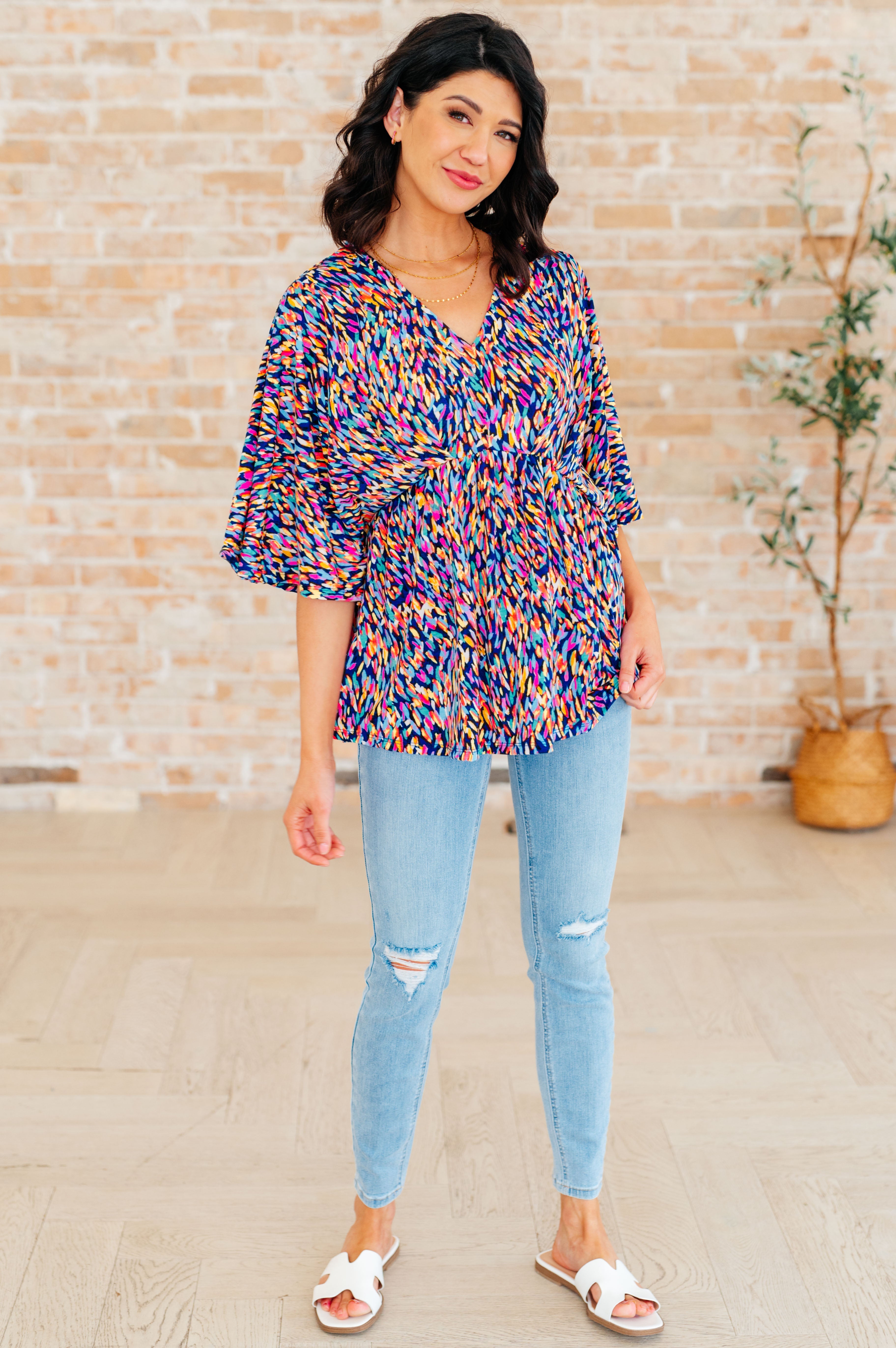 Dreamer Peplum Top in Painted Royal Multi - Flowy Women's Blouse for Casual Wear, Office & Date Night Outfits
