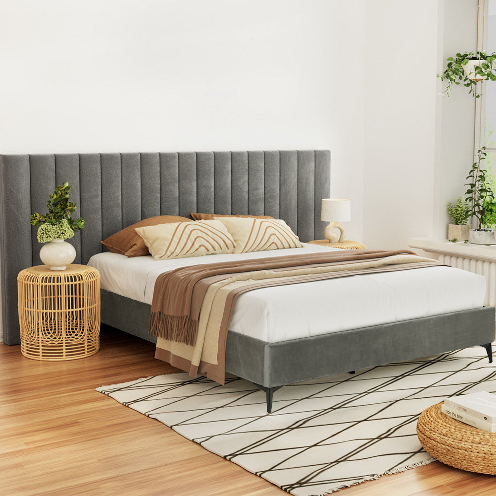 Burnett Queen Bed Frame with Oversized Headboard - Soft Velvet Upholstery in Elegant Grey | Perfect for Master Bedroom, Guest Room & Apartment Decor