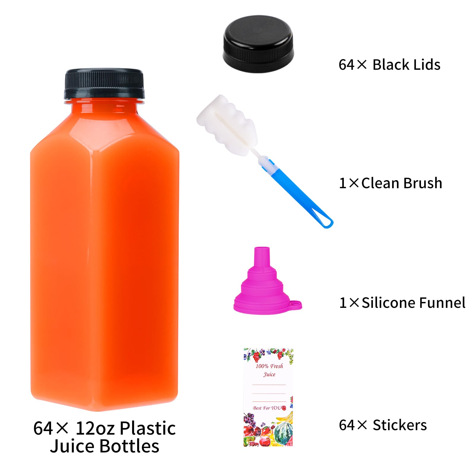 Moretoes 64-Pack 12oz Plastic Juice Bottles with Lids - Reusable Clear Drink Containers for Smoothies, Juices & Beverages | Perfect for Meal Prep, Party Favors & On-the-Go Hydration