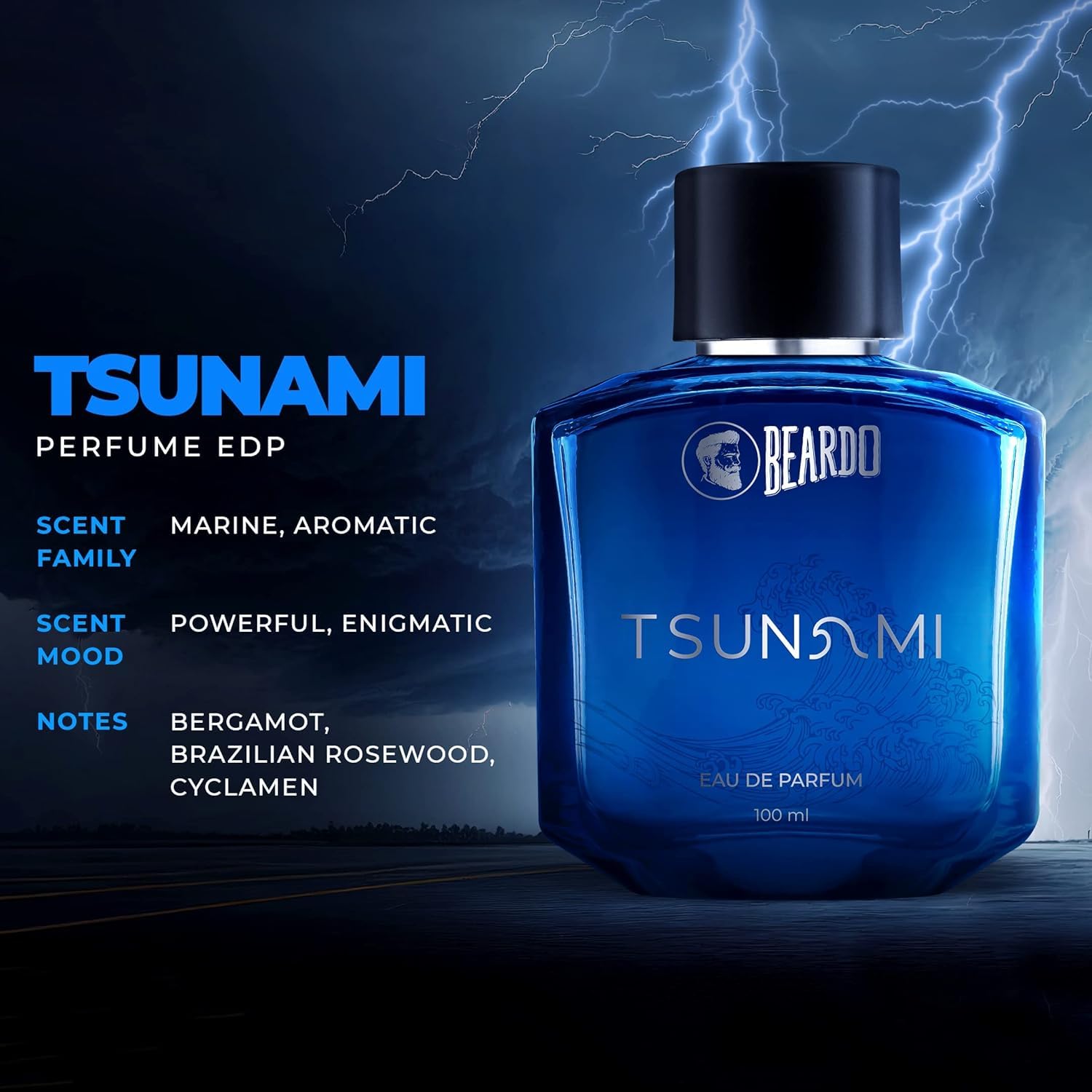Beardos Men's Perfume - TSUNAMI Eau De Parfum, 100ml | Long Lasting Fresh Marine Aromatic Cologne | Valentine's Day Gift for Boyfriend, Husband | Intense Fragrance for Daily Wear & Special Occasions | Perfect for Office, Date Night & Formal Events