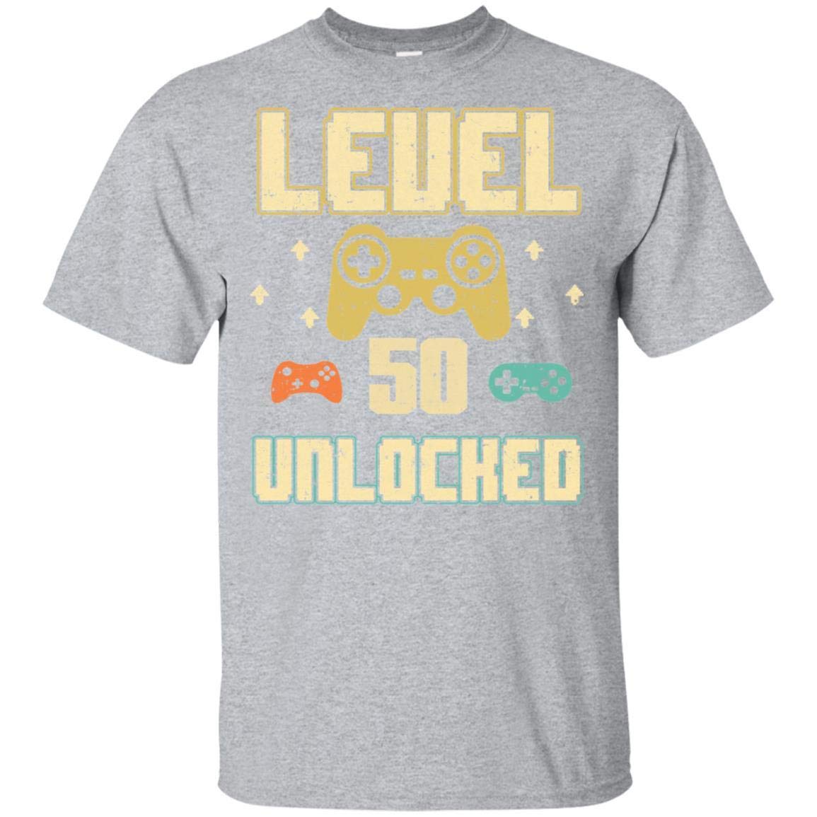 Men's Level 50 Unlocked Video Gamer Birthday T-Shirt - 50th Birthday Gift for Gamers - Short Sleeve Cotton Tee - Perfect for Gaming Parties & Retro Game Nights