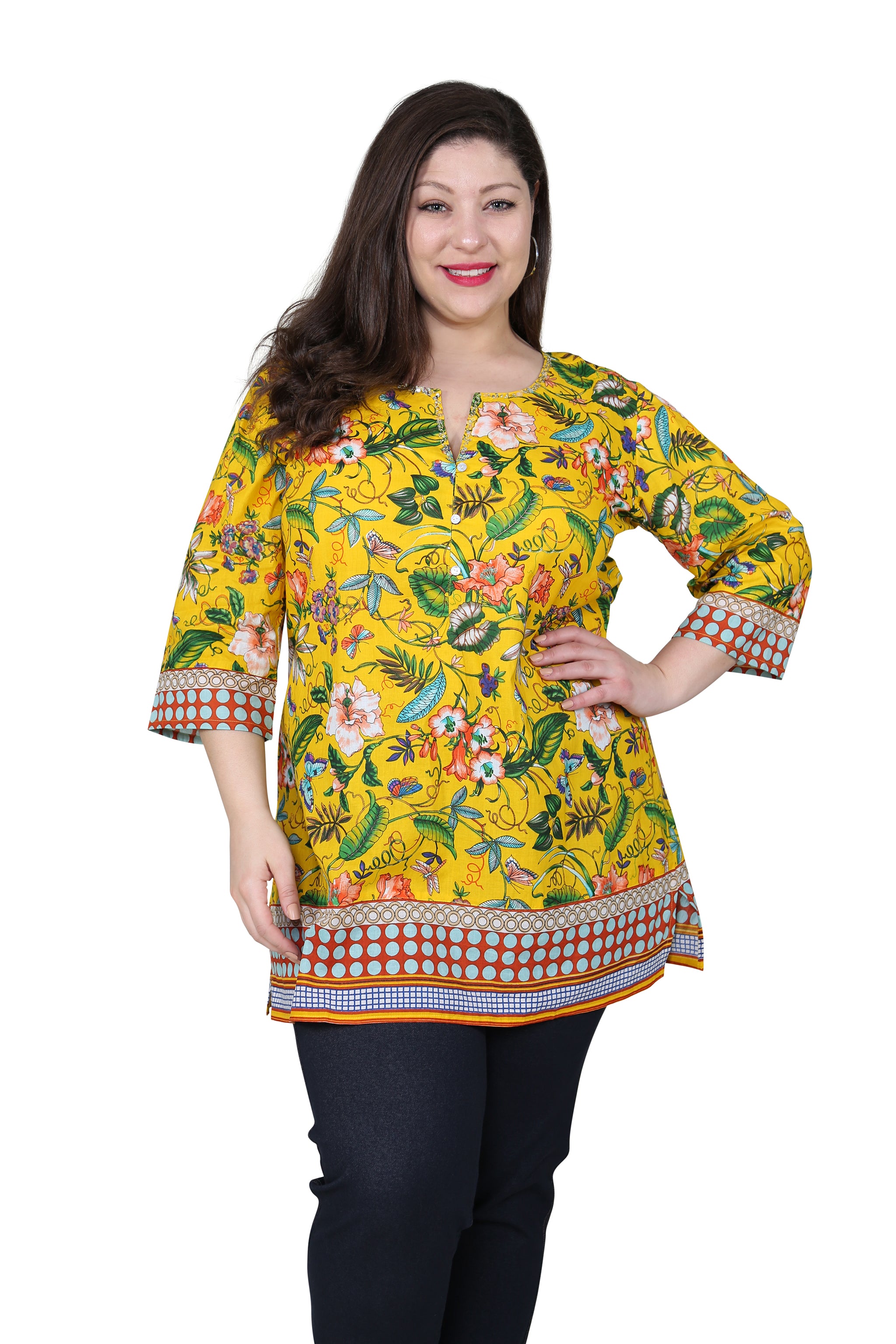 Stylish Plus Size Floral Mixed Media Tunic Top for Women - Perfect for Casual Wear, Office Outfits & Special Occasions