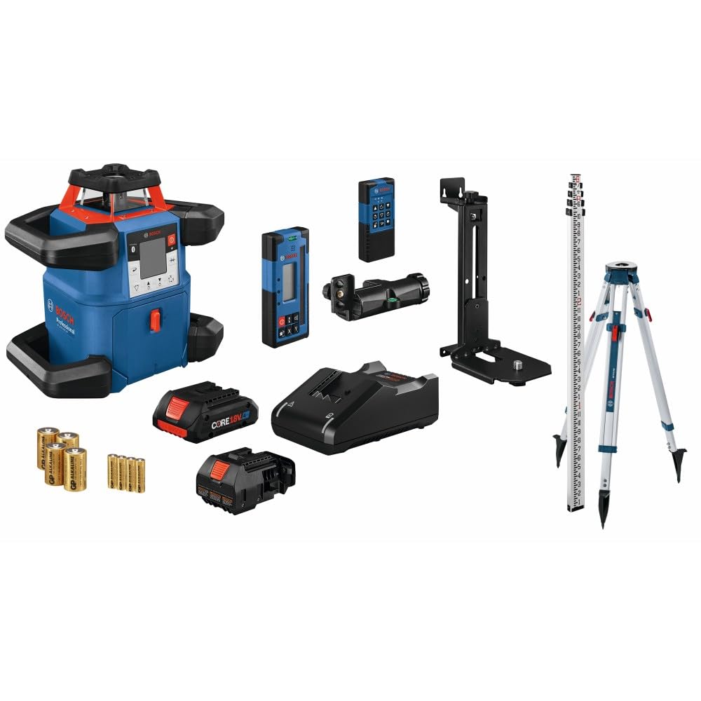 BOSCH GRL4000-80CHVK 18V Self-Leveling Rotary Laser Kit with CORE18V 4Ah Battery, Tripod, Grade Rod & Receiver - Perfect for Construction, Landscaping, and DIY Projects