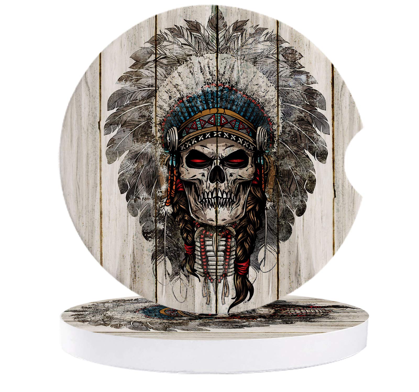 2 Pack Absorbent Wood Grain Ceramic Car Coasters with Skull Design - Non-Slip Cup Holder Coasters for Drinks, Cute Auto Accessories to Keep Your Car Clean - Perfect for Road Trips, Commuting & Daily Driving