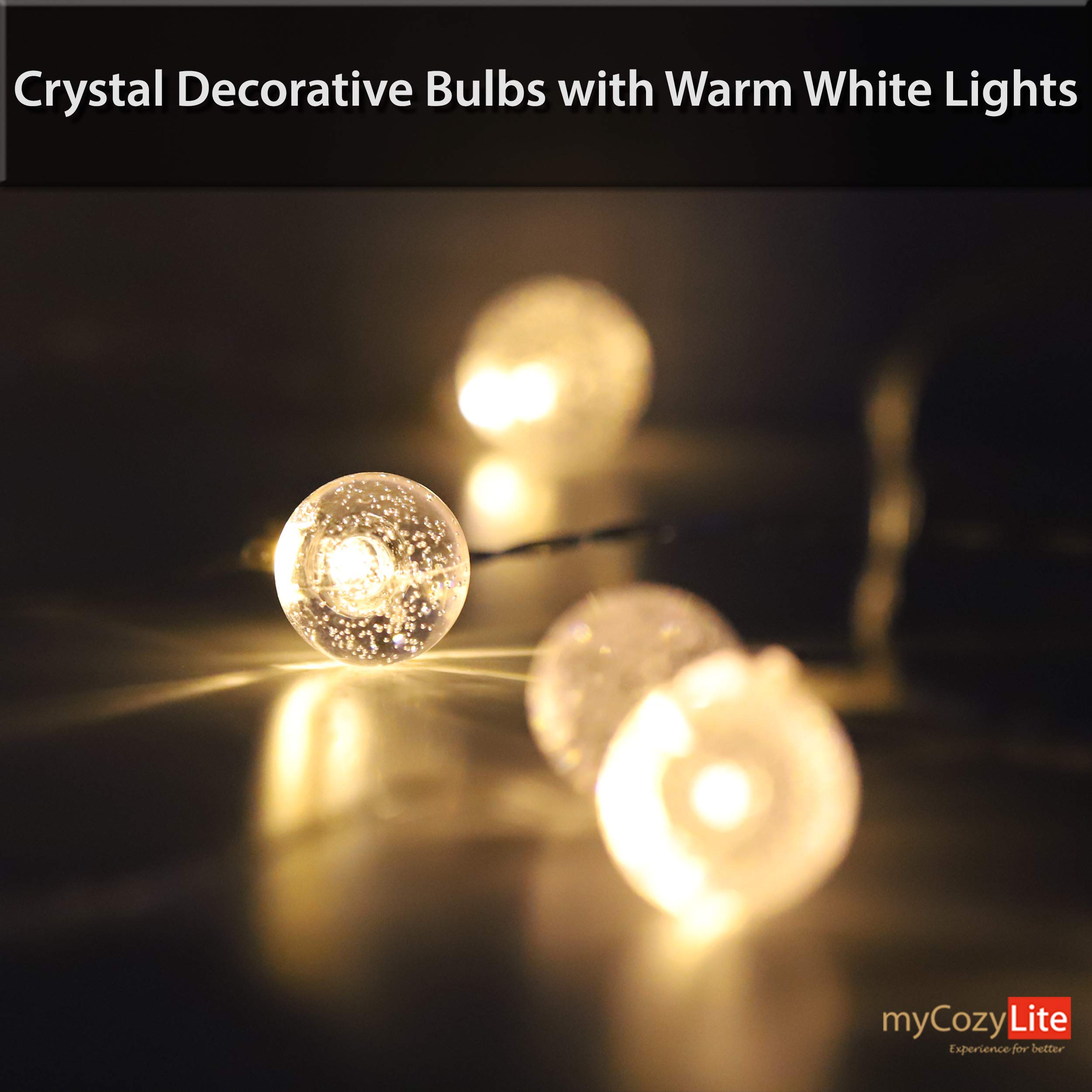 myCozyLite Battery Operated LED String Lights - 20 Warm White Crystal Globe Lights with Timer, 10ft Clear Wire for Indoor & Outdoor Decor - Perfect for Bedroom, Wedding, Party, Garden, Patio, Balcony